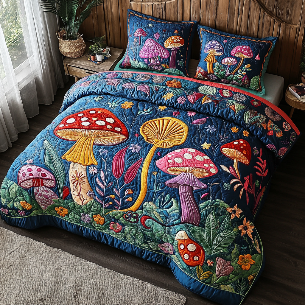 Mushroom Meadow Quilted Bedding Set Best Christmas Duvet Cover Set Gifts For Aging Hippies