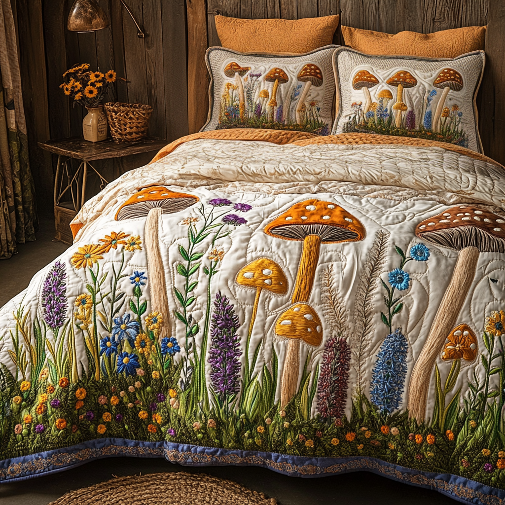 Mushroom Meadow Quilted Bedding Set Duvet Cover Bed Sheet Set Gifts For Hippie Women