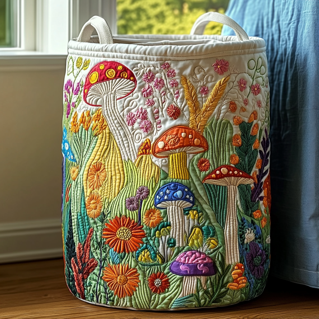 Mushroom Meadow Quilted Laundry Basket Lovely Quilted Laundry Basket Gift for Mom or Grandma