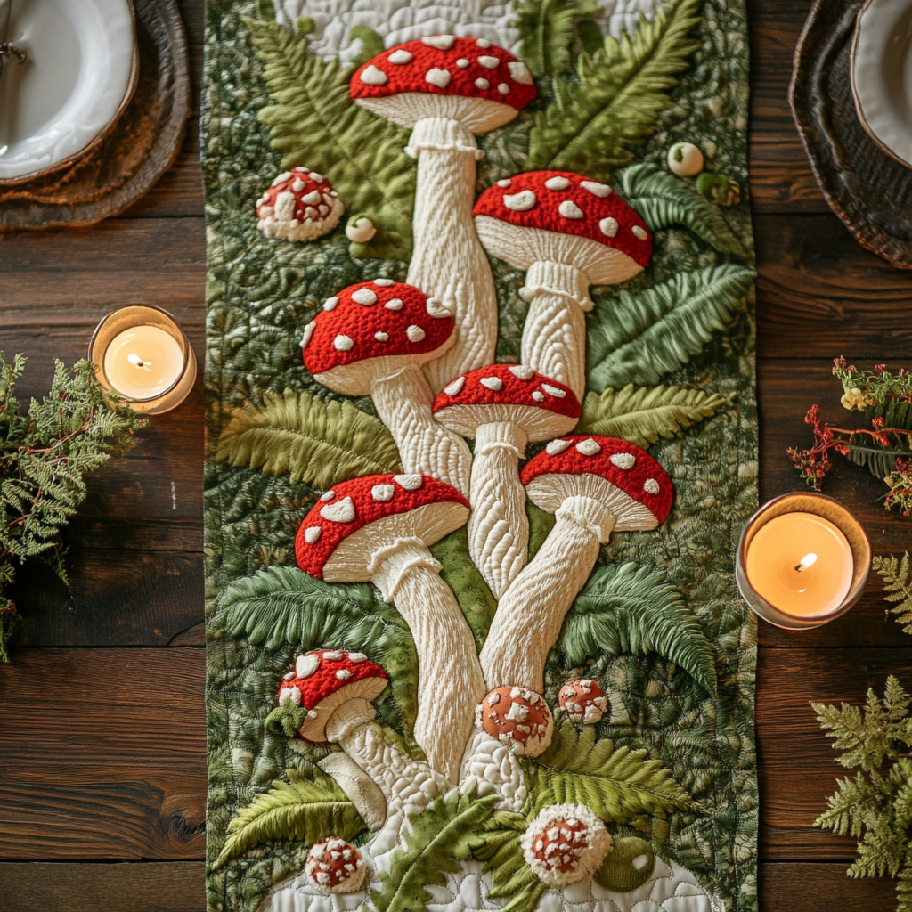 Mushroom Meadow Quilted Table Runner Dinner Table Decor Gifts For Mushroom Growers