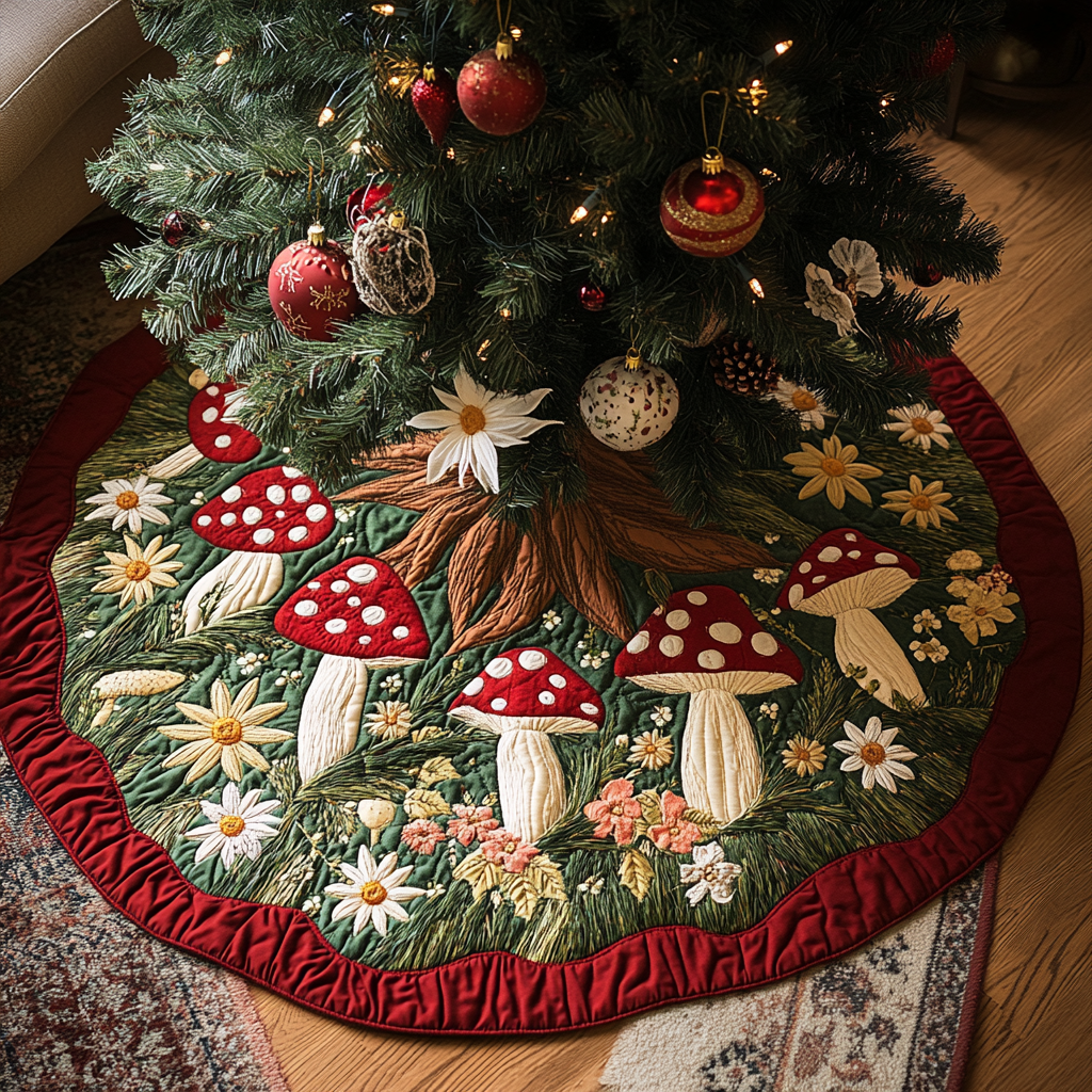Mushroom Path Christmas Quilted Tree Skirt Premium Quilted Tree Skirt Gift for Family Gatherings