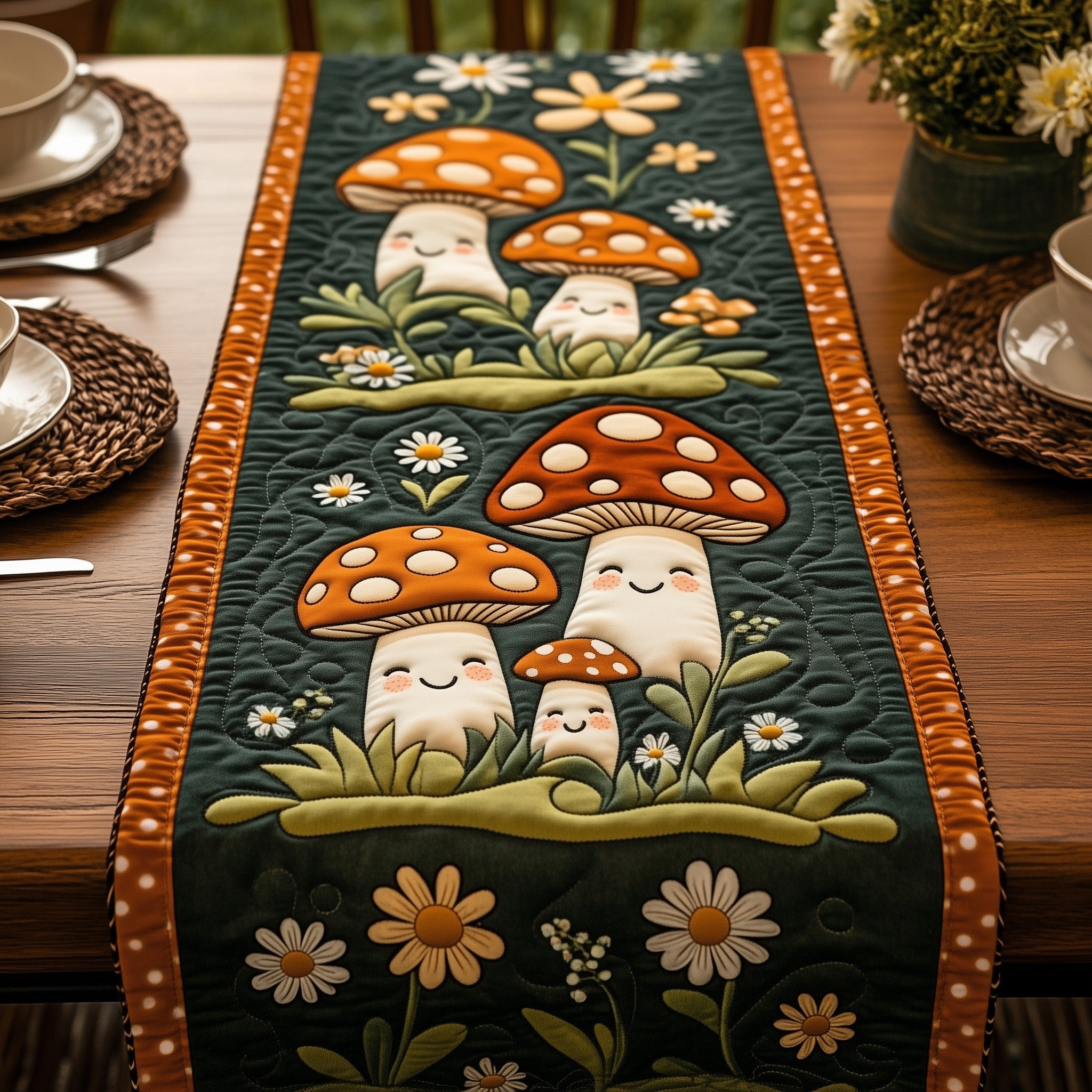 Mushroom Quilted Table Runner Christmas Table Runner for Dining Room