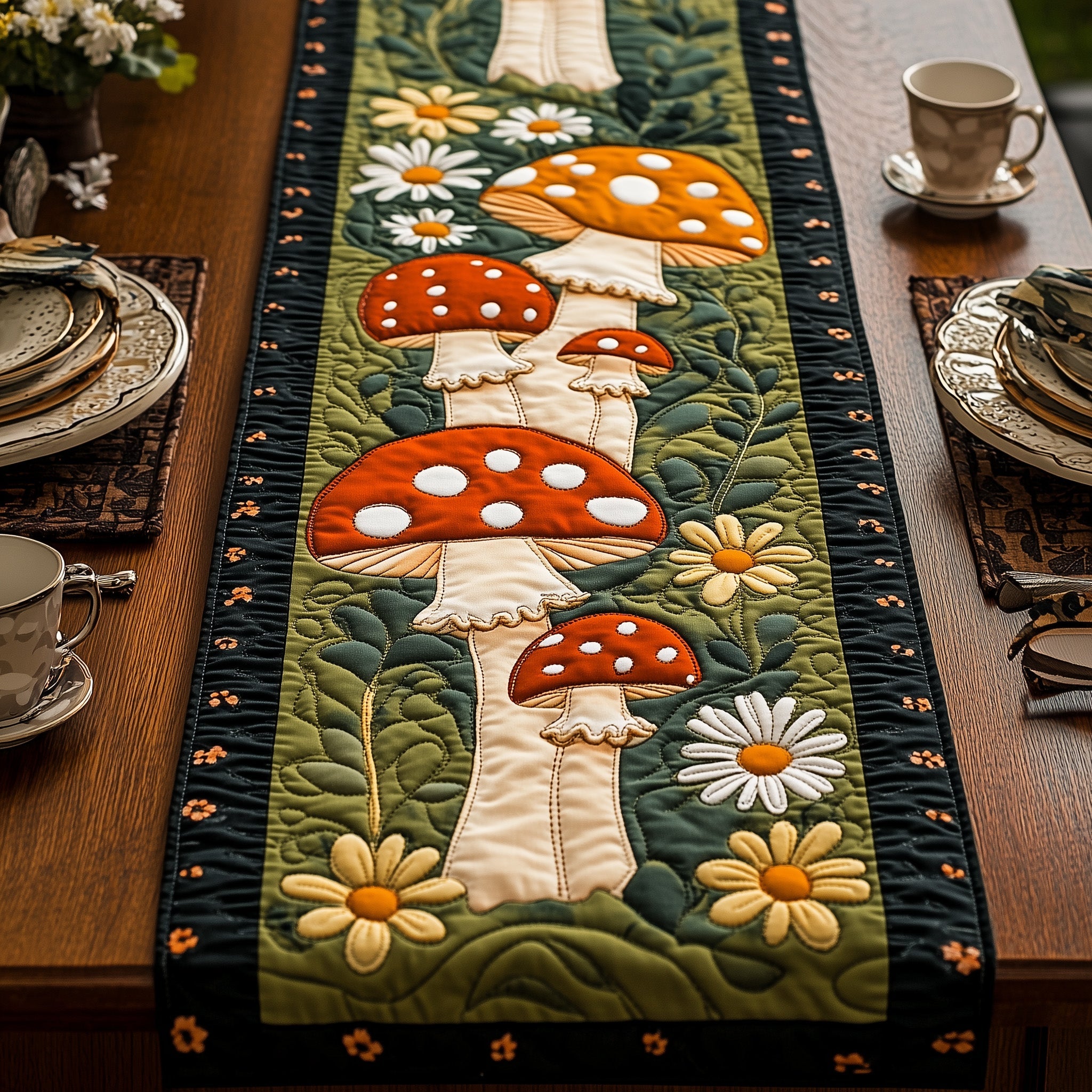Mushroom Quilted Table Runner Cozy Christmas Table Runner