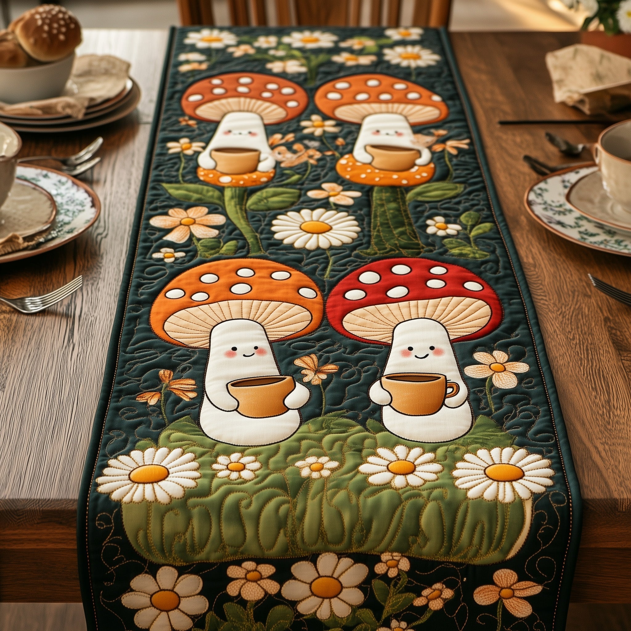 Mushroom Quilted Table Runner Cozy Winter Table Runner for Home