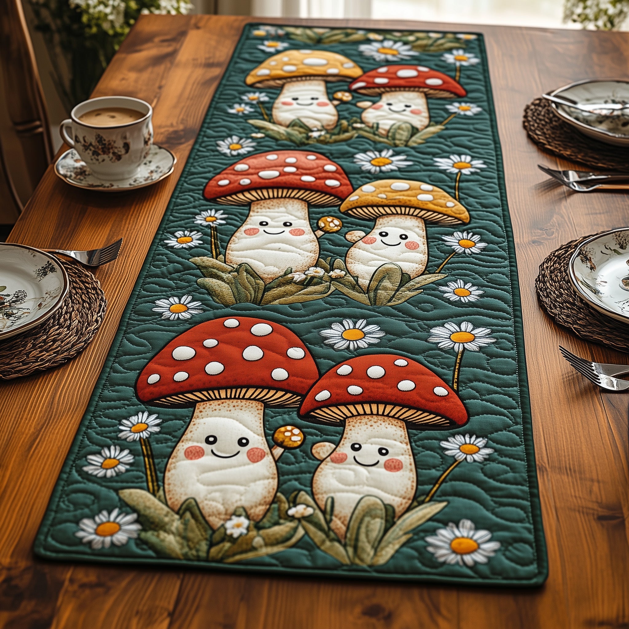 Mushroom Quilted Table Runner Festive Holiday Table Runner Decor