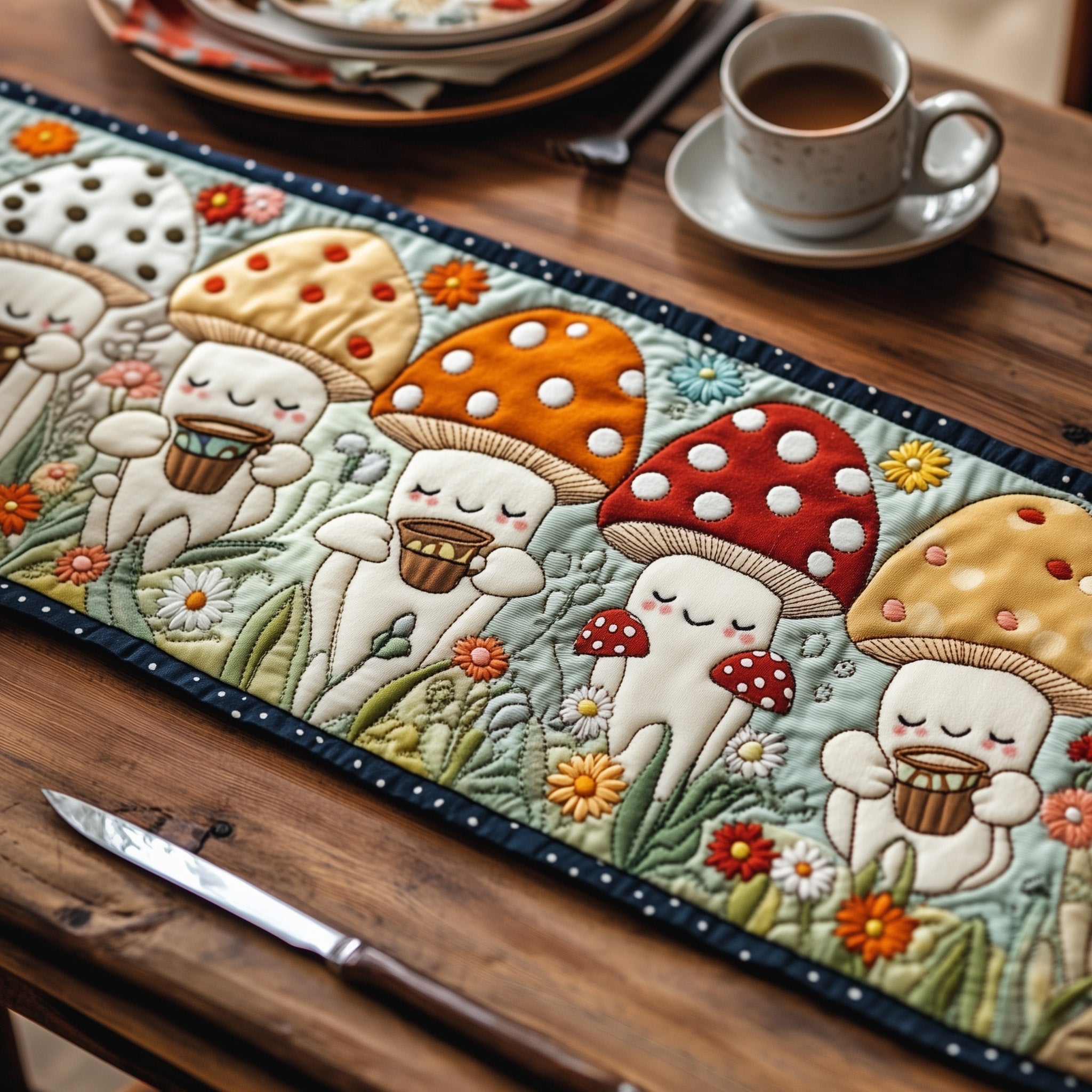Mushroom Quilted Table Runner Festive Table Runner for Dining Table