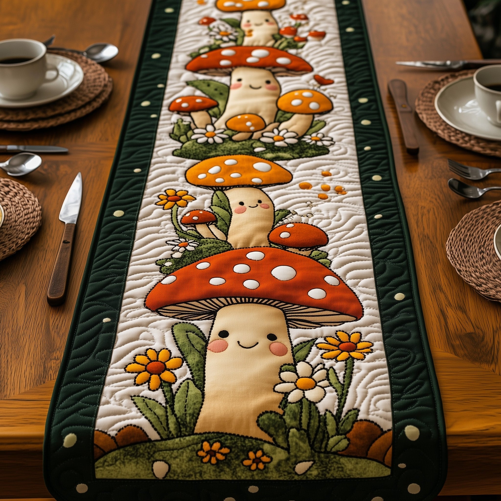 Mushroom Quilted Table Runner Holiday Dinner Table Runner