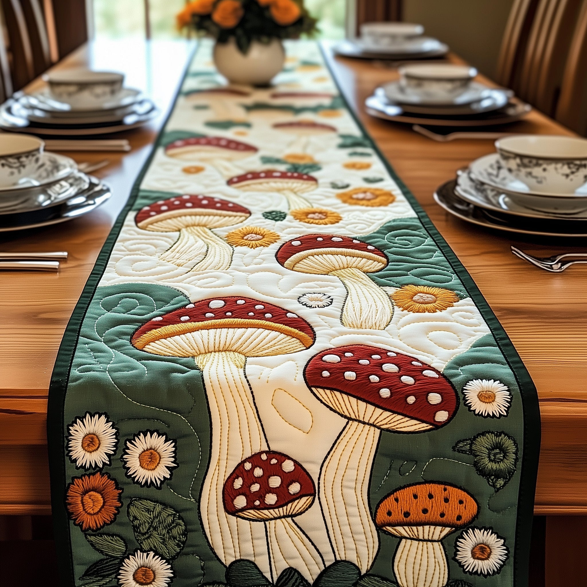 Mushroom Quilted Table Runner Holiday Season Table Runner