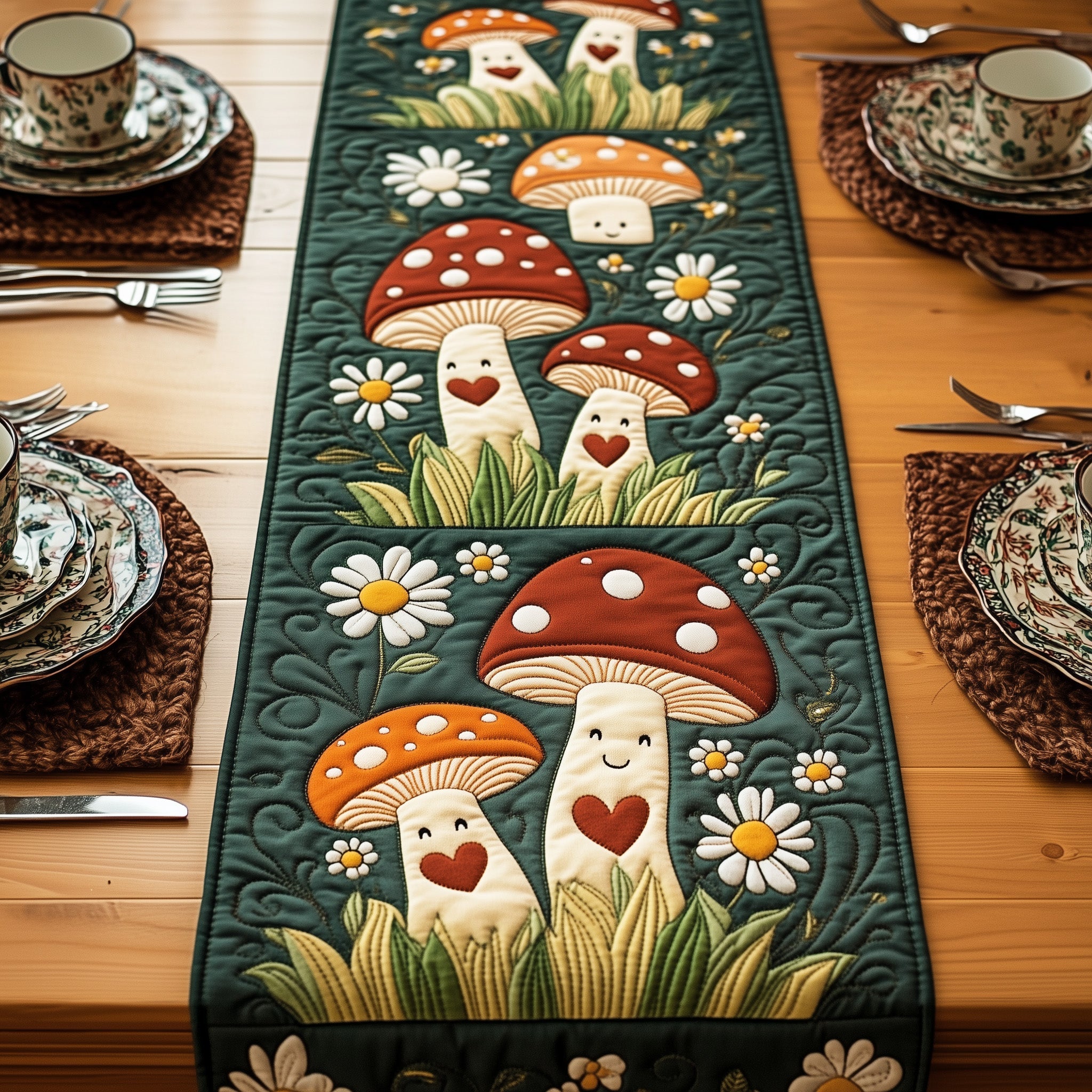 Mushroom Quilted Table Runner Winter Table Runner
