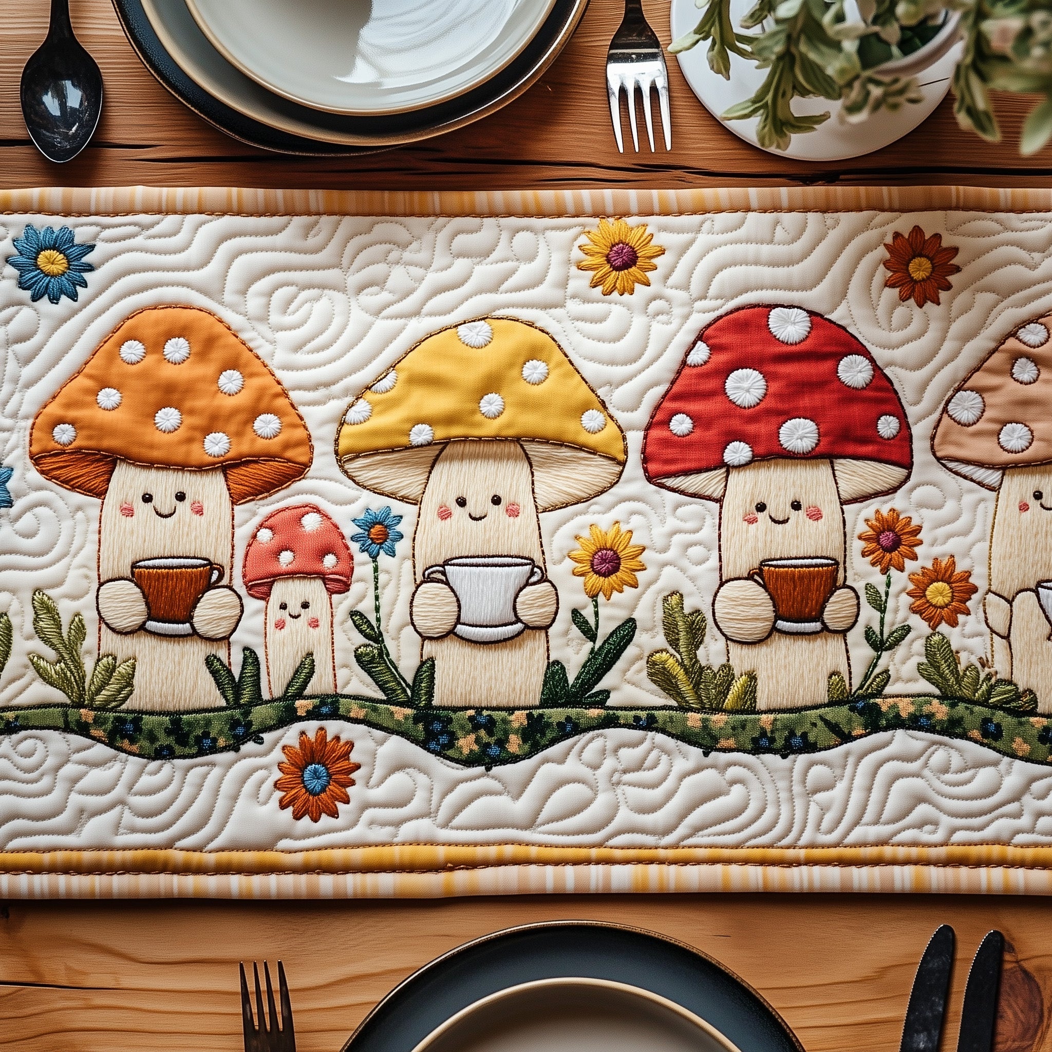 Mushroom Quilted Table Runner Xmas Table Runner for Family Gatherings