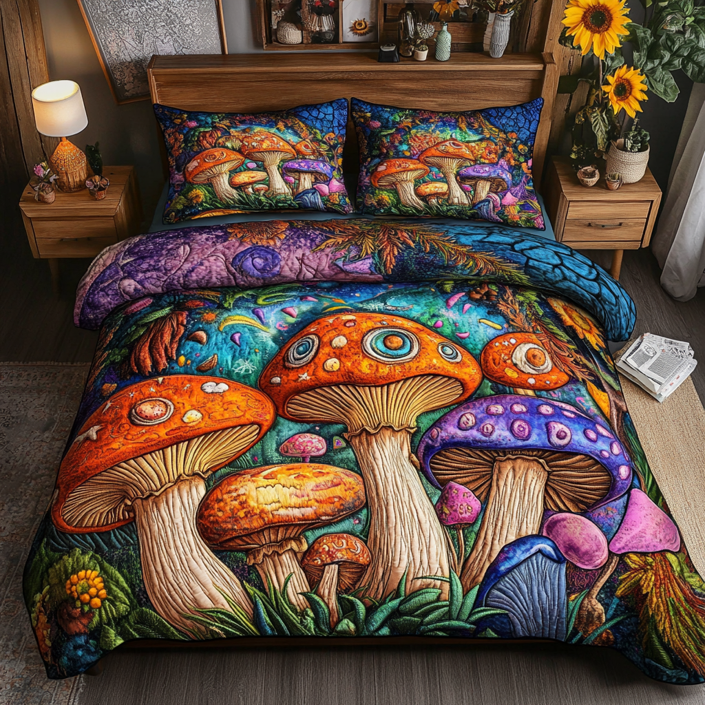 Mushroom Wonderland Quilted Bedding Set Ultra-Soft Bedding Set for a Hotel-Like Experience