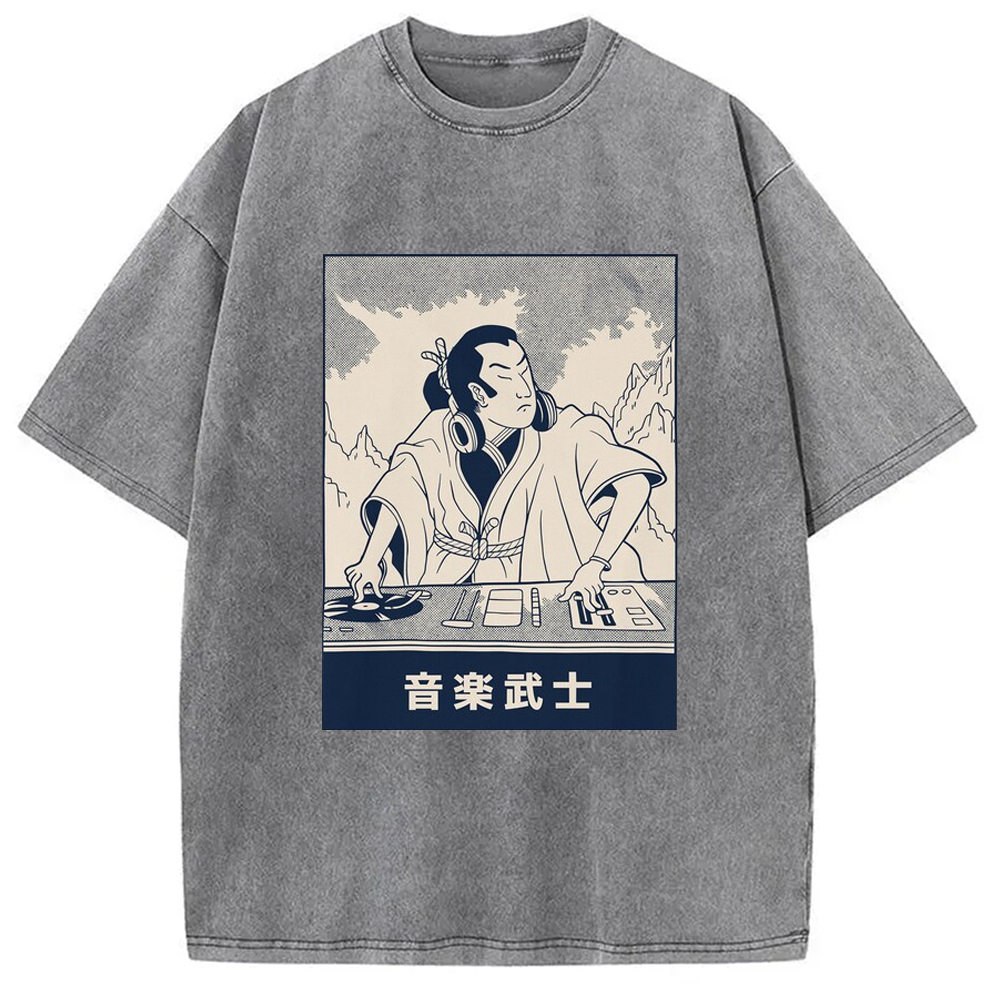 Musical Samurai Japanese Washed T-Shirt Casual Oversized Outfit Style Gifts For Besties