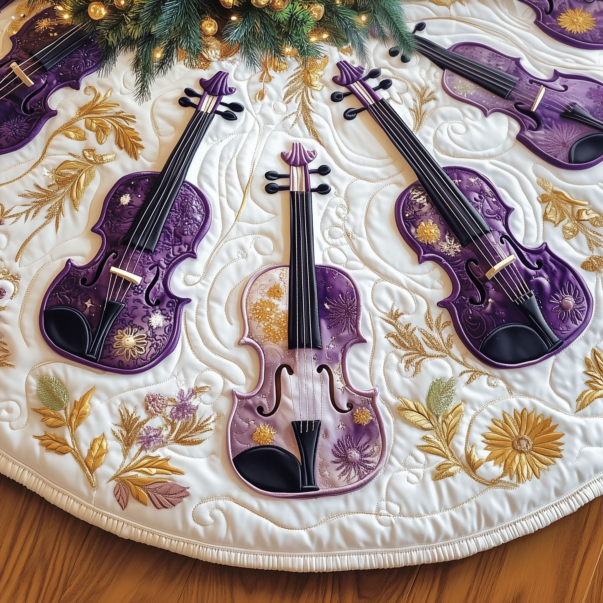 Musical Violin Design Xmas Tree Skirt Quilted Handmade Holiday Decoration Gift for Family