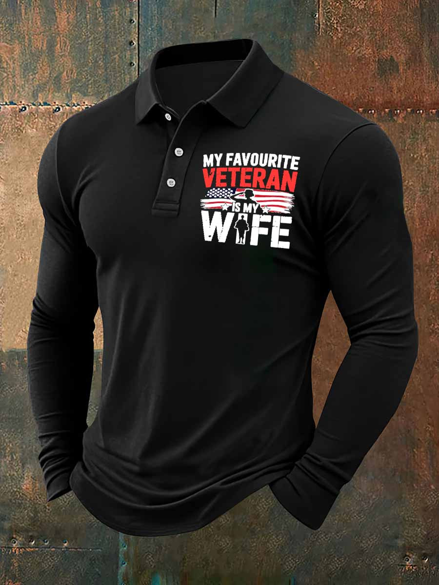 My Favourite Veteran Is My Wife Polo Long Sleeve Shirt American Flag Shirt Gifts For Supprters