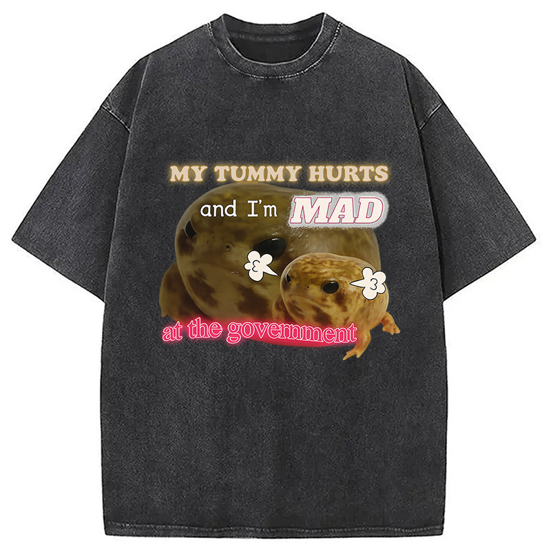My Tummy Hurts Funny Frog Meme Washed T-Shirt Retro Humor Graphic Top Gifts For Best Friend