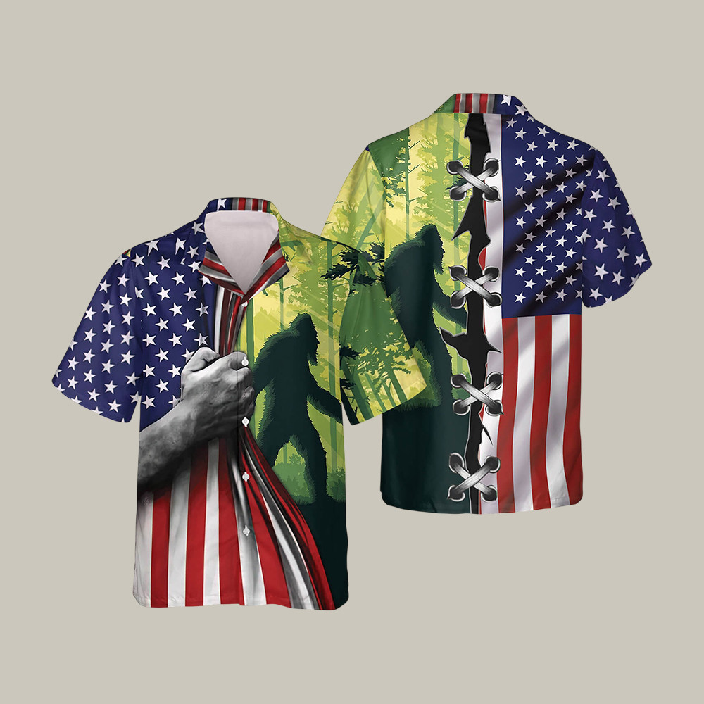 Mysterious America Bigfoot Hawaiian Shirt American Flag Apparel Unique Gift For Dad Birthday