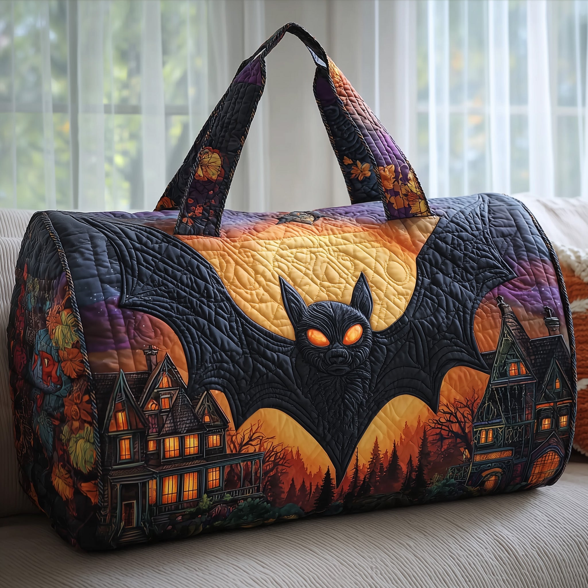 Mysterious Bat Quilted Duffle Bag Organized Storage Pockets