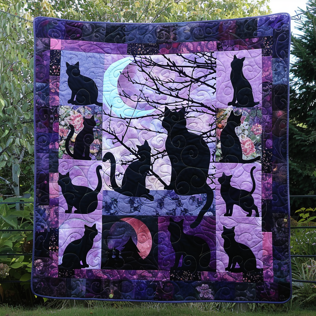 Mysterious Black Cats Quilted Blanket Cat Christmas Gifts