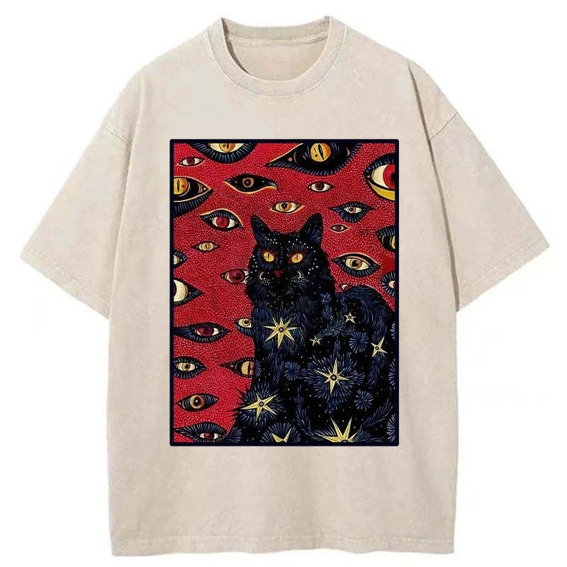 Mysterious Cat Washed T-Shirt Casual Vintage Everyday Look Gifts For BFF