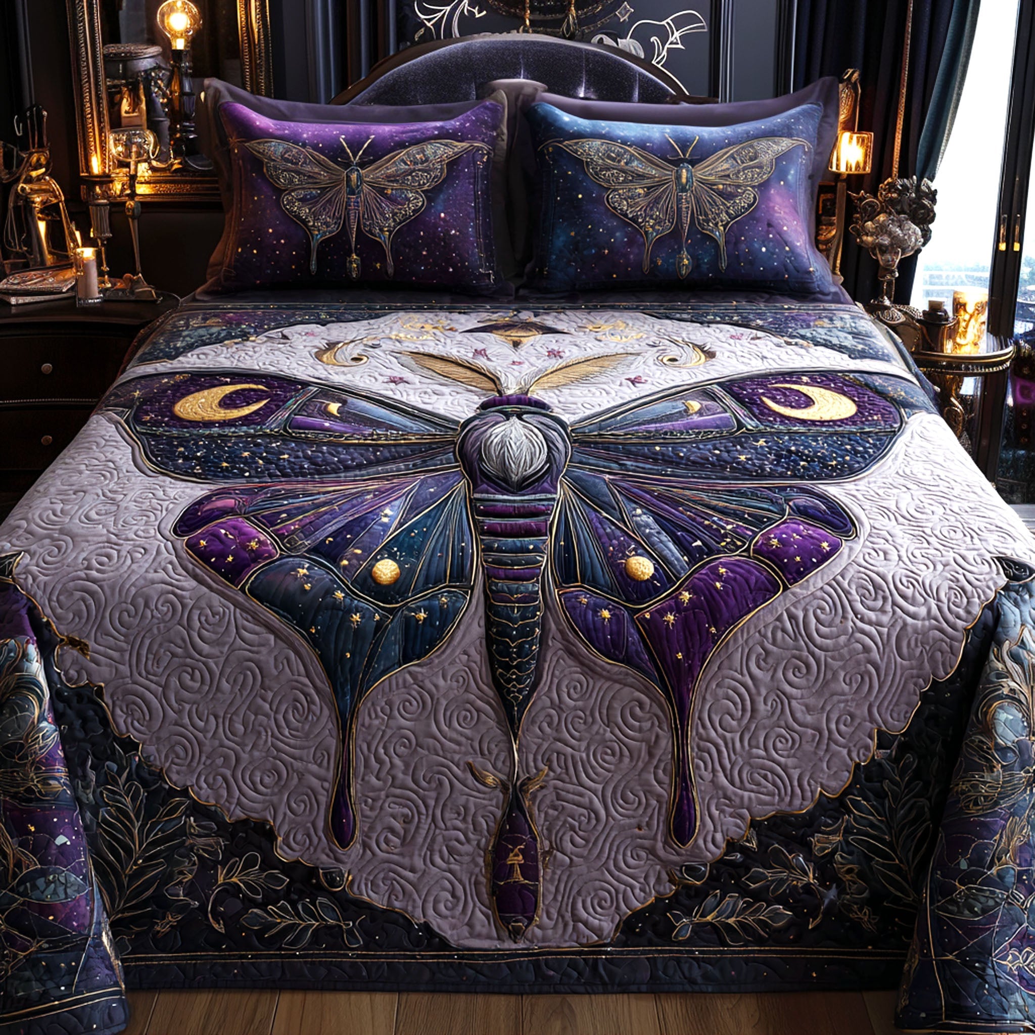 Mystic Amethyst Moth Quilted Bedding Set Cute Room Decor Butterfly Gifts For Friends