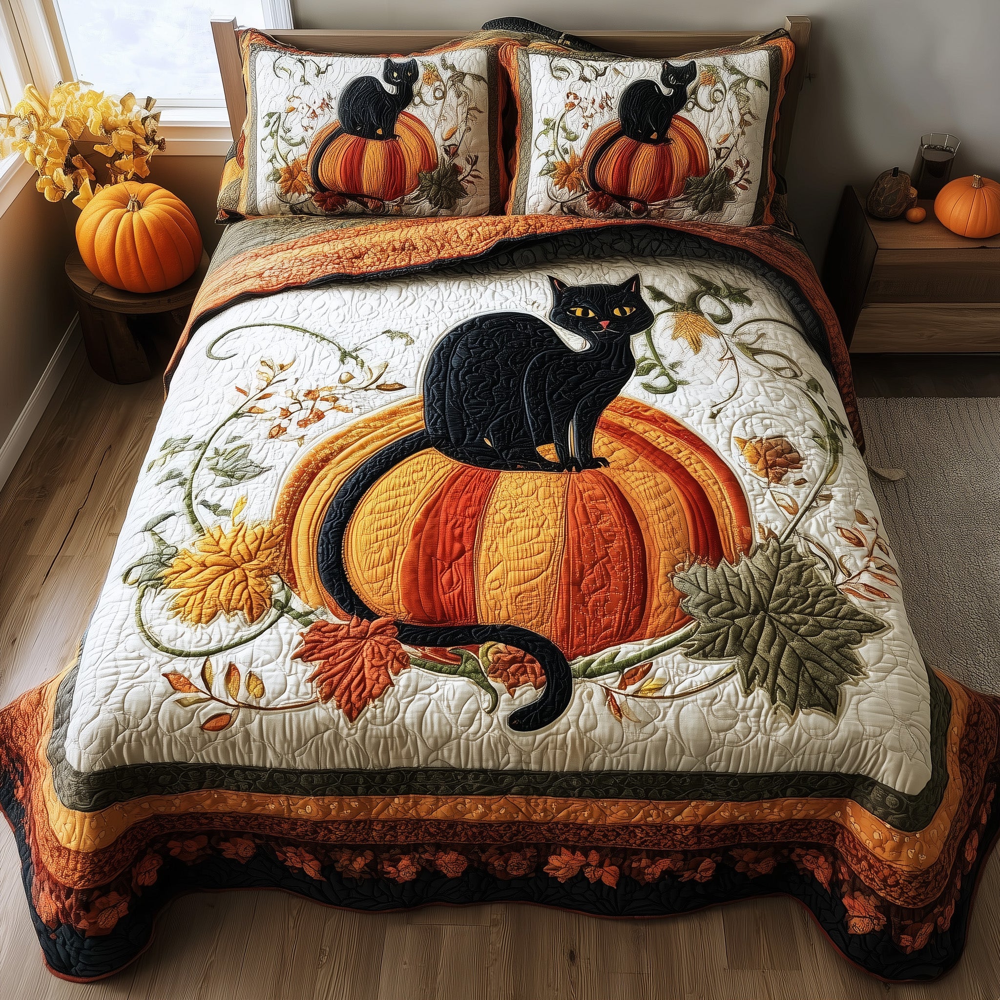 Mystic Autumn Cat Quilted Bedding Set Cozy Bedroom