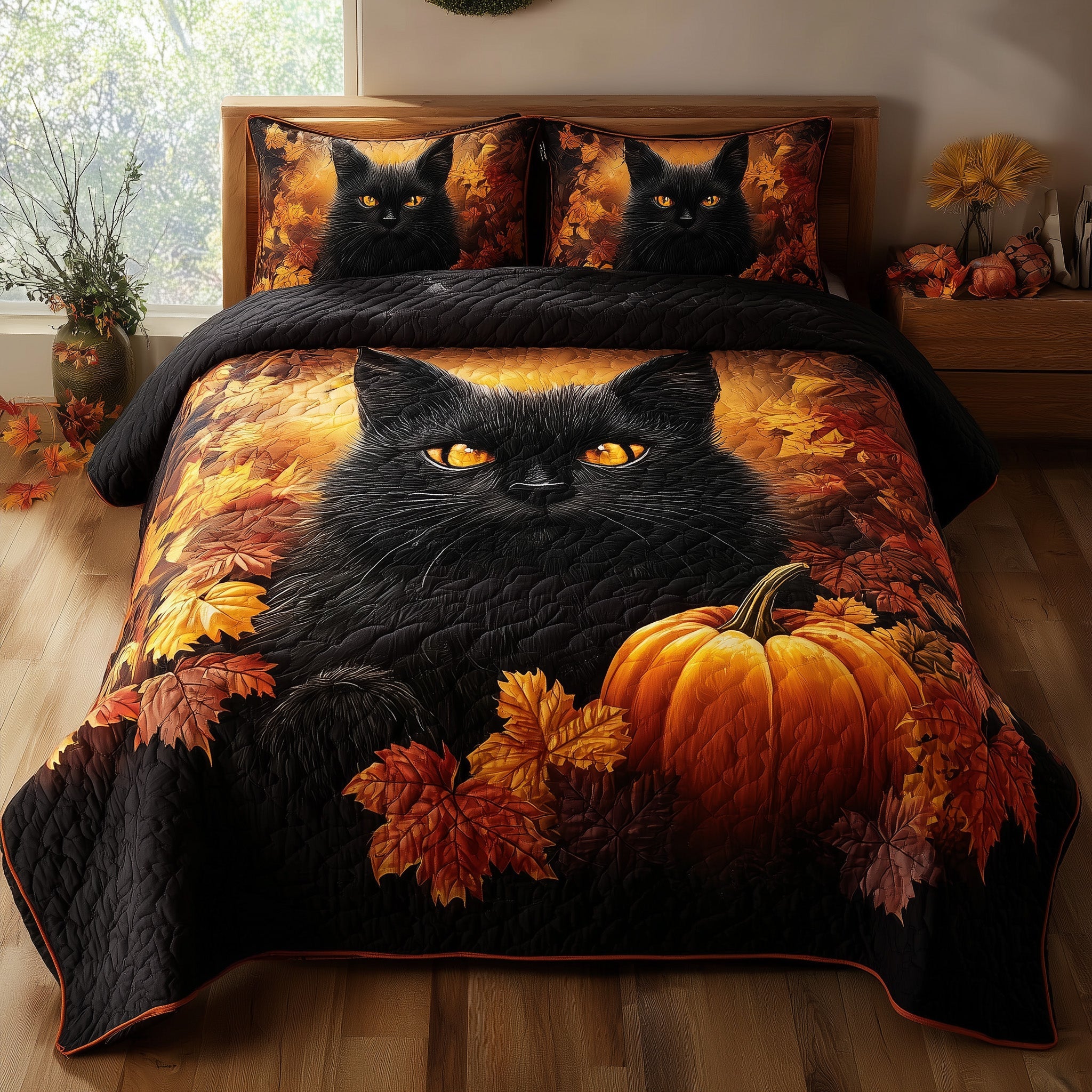 Mystic Autumn Cat Quilted Bedding Set Farmhouse Style