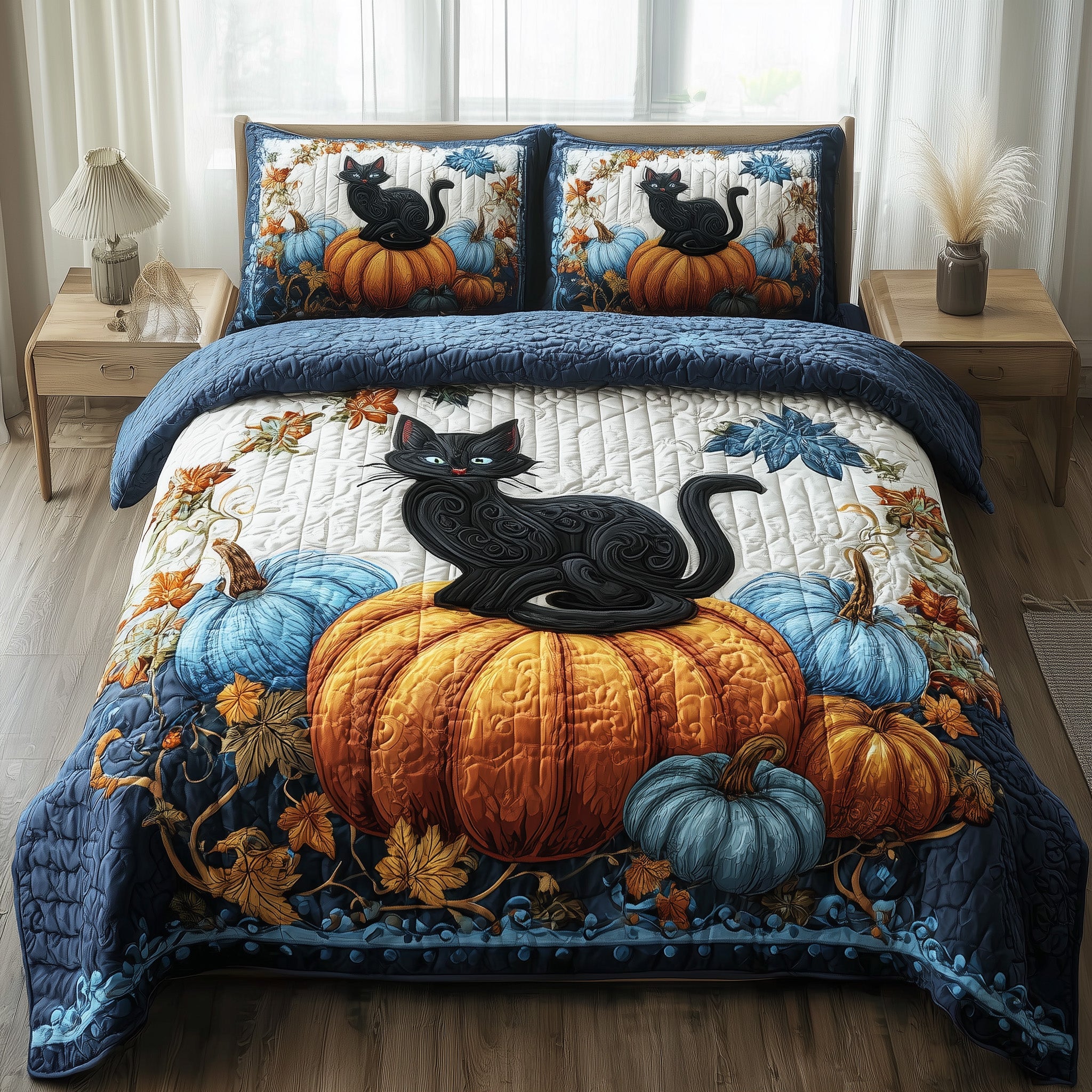 Mystic Autumn Cat Quilted Bedding Set For Couples