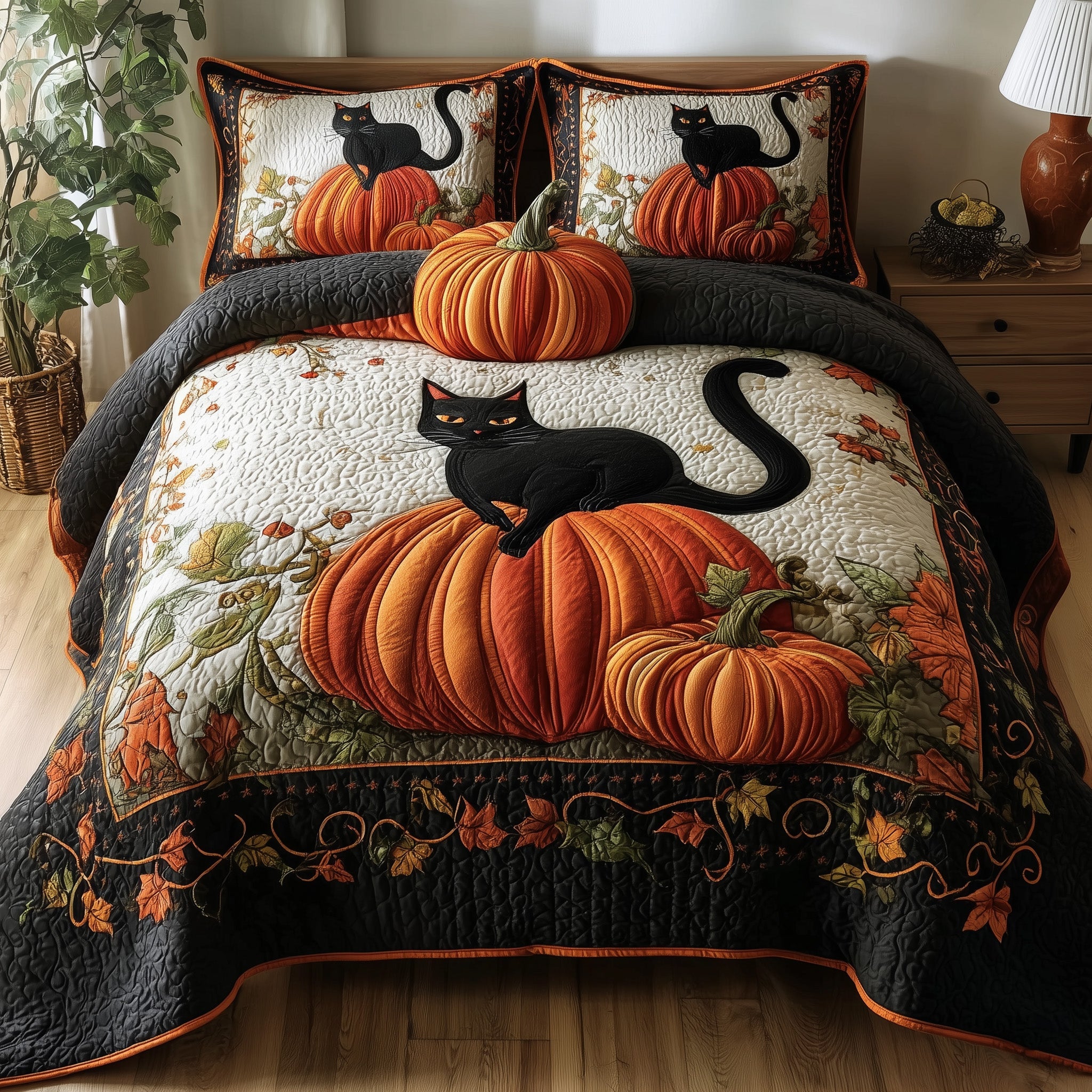 Mystic Autumn Cat Quilted Bedding Set Relaxing Sleep