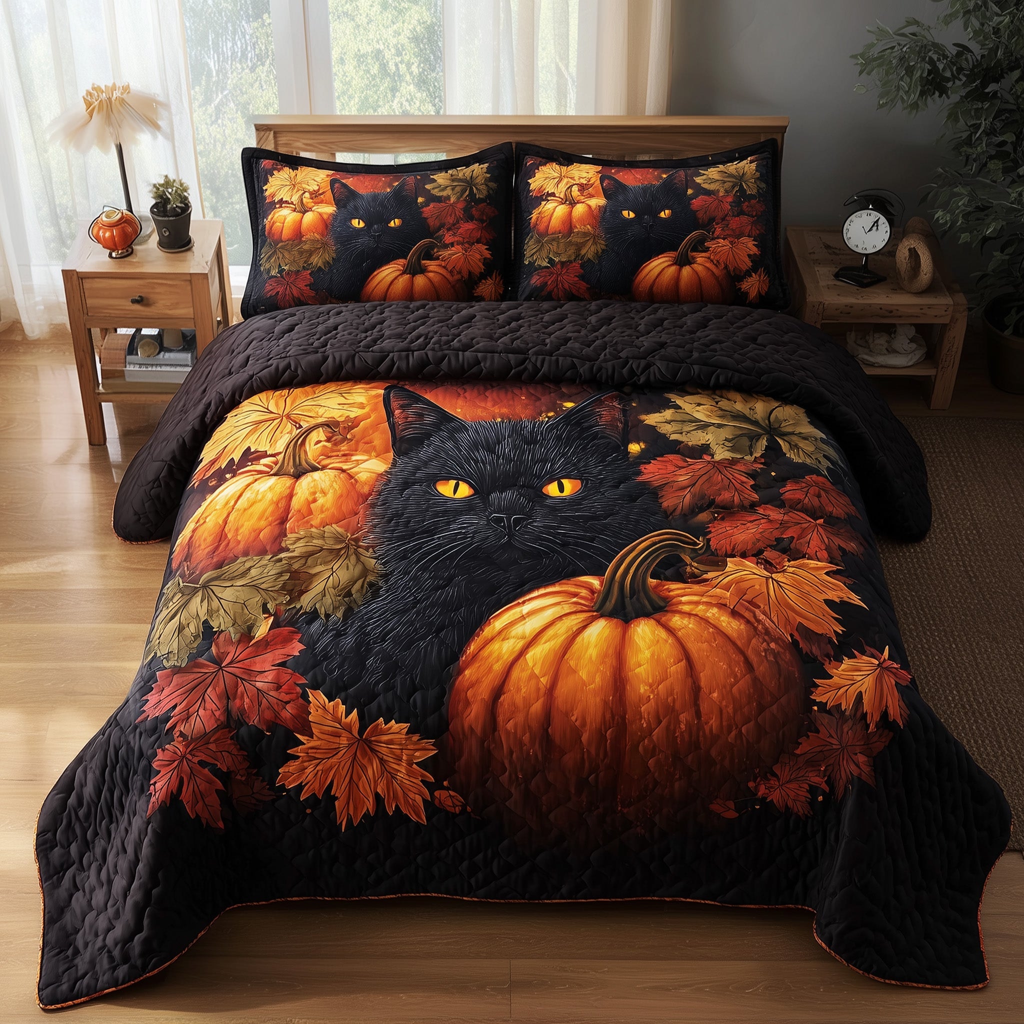 Mystic Autumn Cat Quilted Bedding Set Striped Design