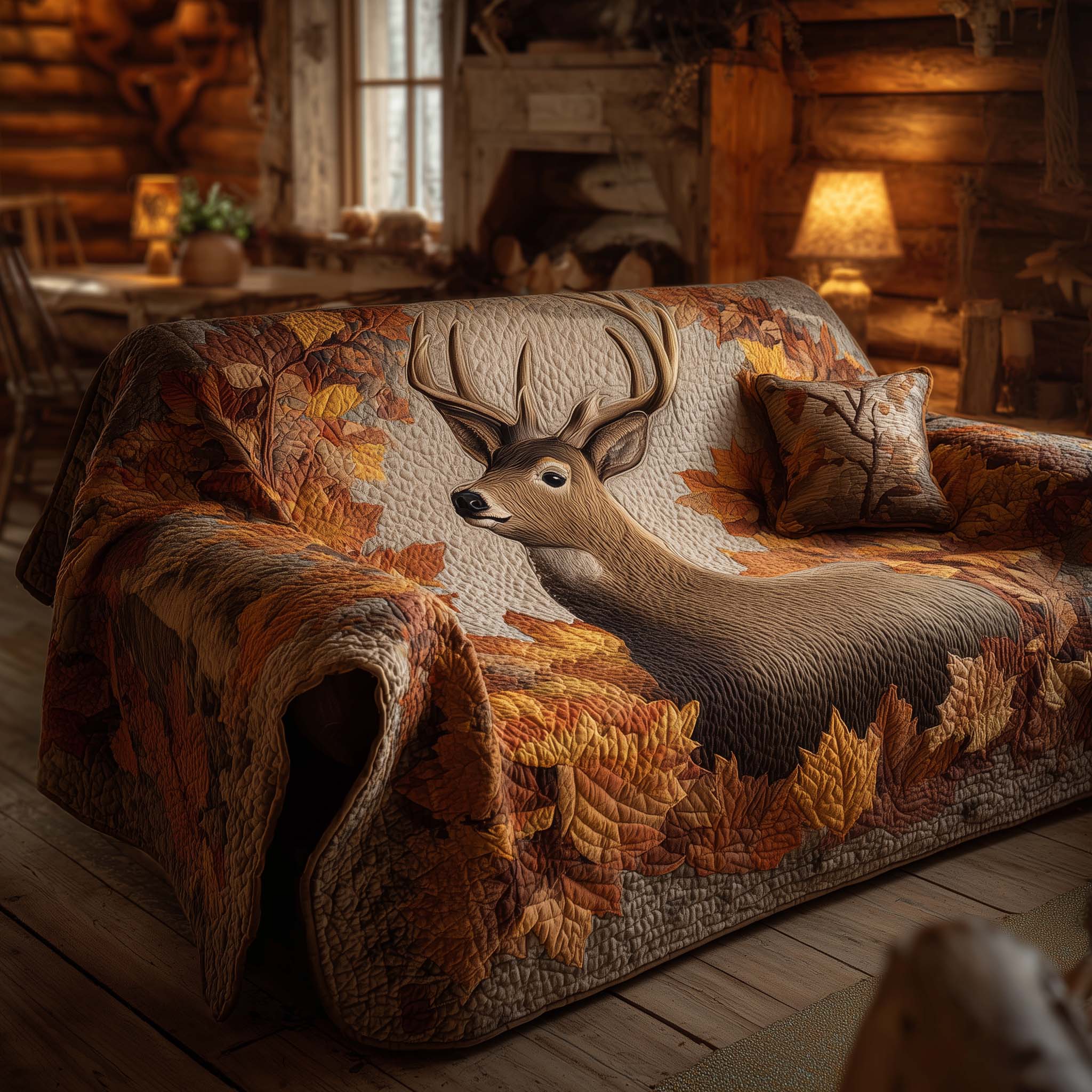 Mystic Autumn Deer Quilted Sofa Cover Fall Foliage Fawn Design Deer Themed Gifts For Him