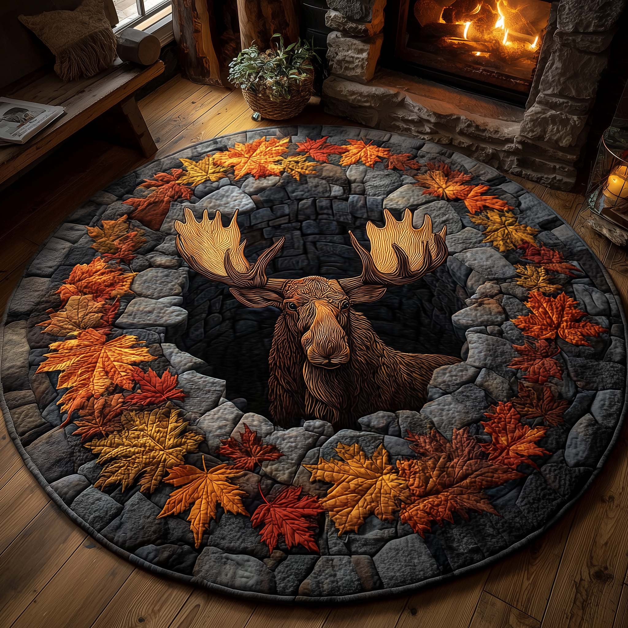 Mystic Autumn Moose Quilted Round Mat Unique Quilted Round Mat for Modern Interiors