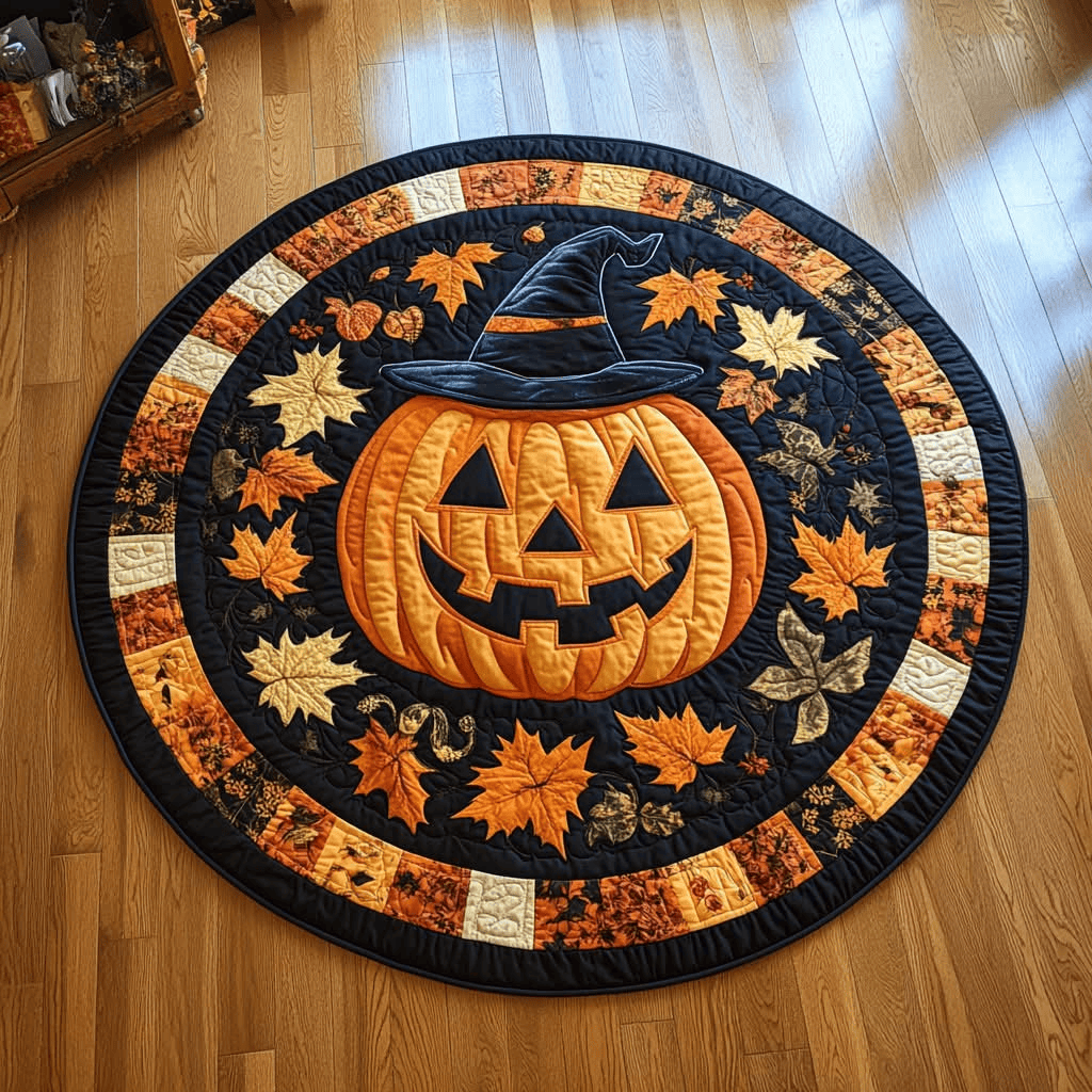 Mystic Autumn Pumpkin Quilted Round Mat Halloween Round Mat Gifts For Halloween Lovers
