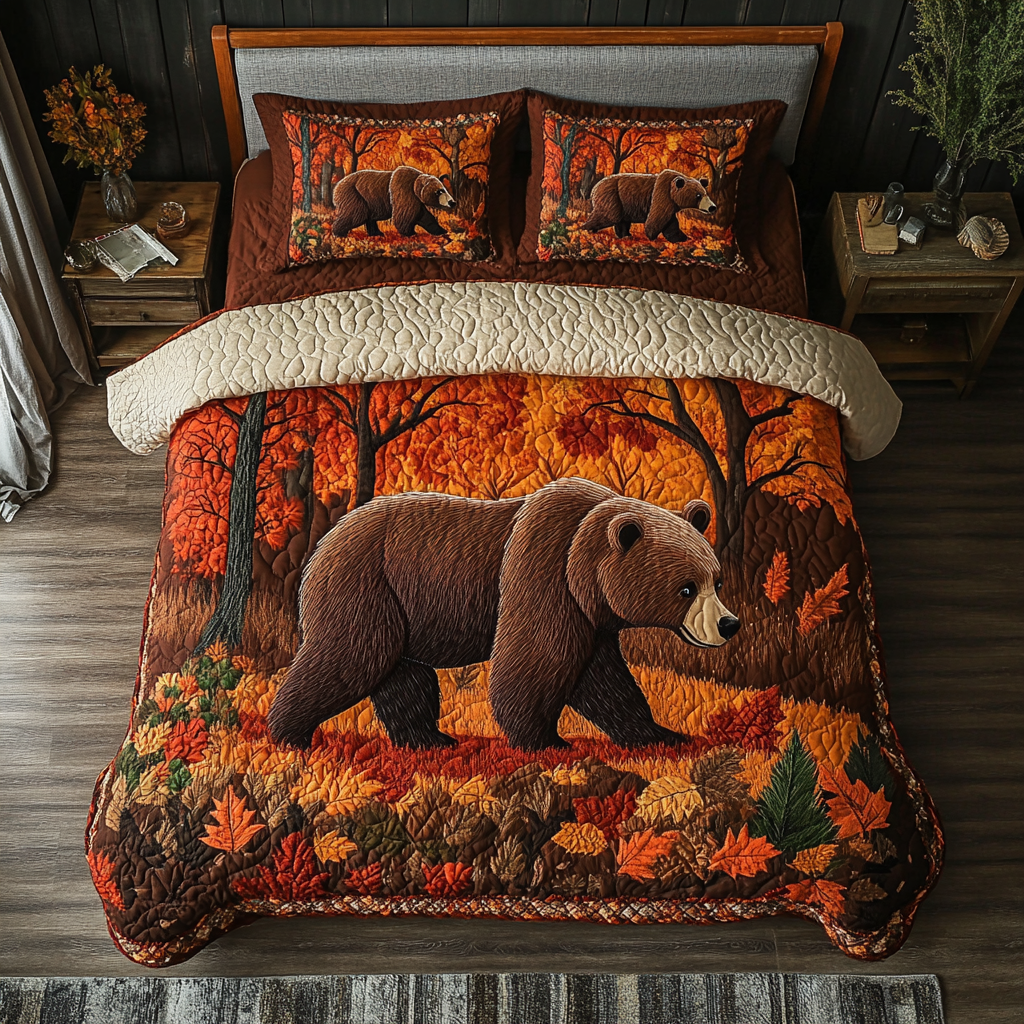 Mystic Bear Quilted Bedding Set Autumn Themed Bed Sheets Bear Gifts For Her
