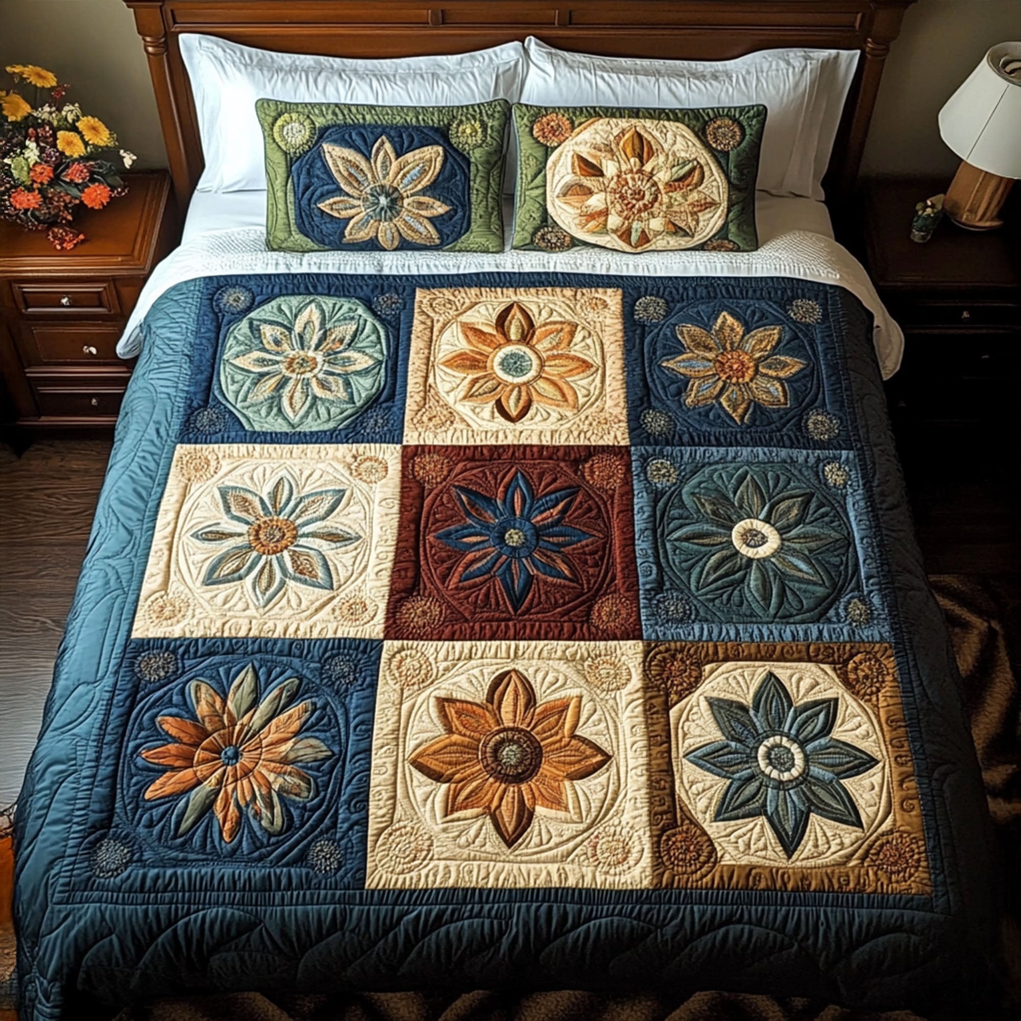 Mystic Bloom Quilted Bedding Set Elegant Bed Linen Set for Cozy Nights
