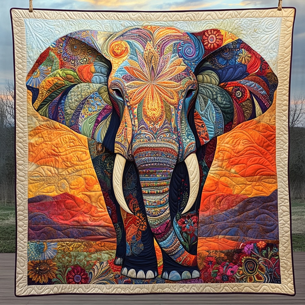 Mystic Boho Elephant Quilted Blanket Colorful Mandala Wildlife Sunset Throw Best Gift For Elephant Fan