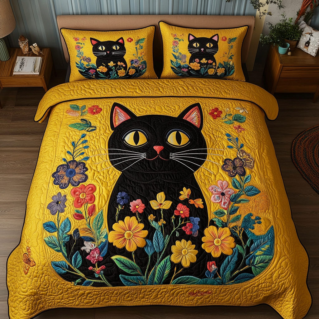 Mystic Cat Quilted Bedding Set Cute Room Decor Cat Gifts For Xmas