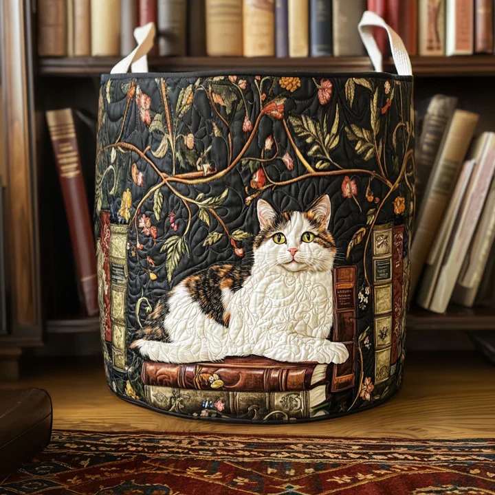 Mystic Cat Quilted Laundry Basket Cat Library Floral Storage Bin Best Gift For Her