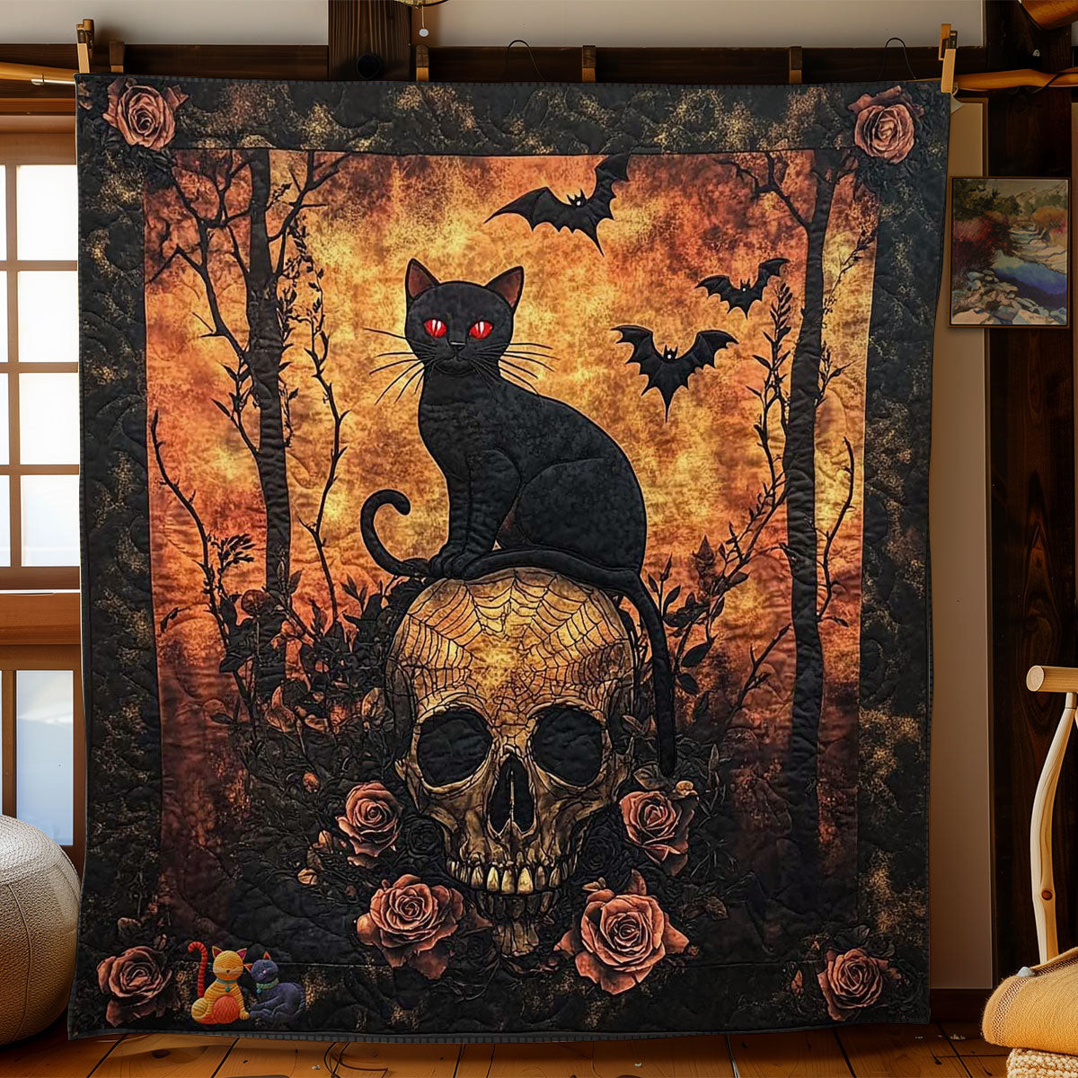 Mystic Cat Skull Quilt Blanket Queen Size Blanket Good Christmas Gifts for Dad
