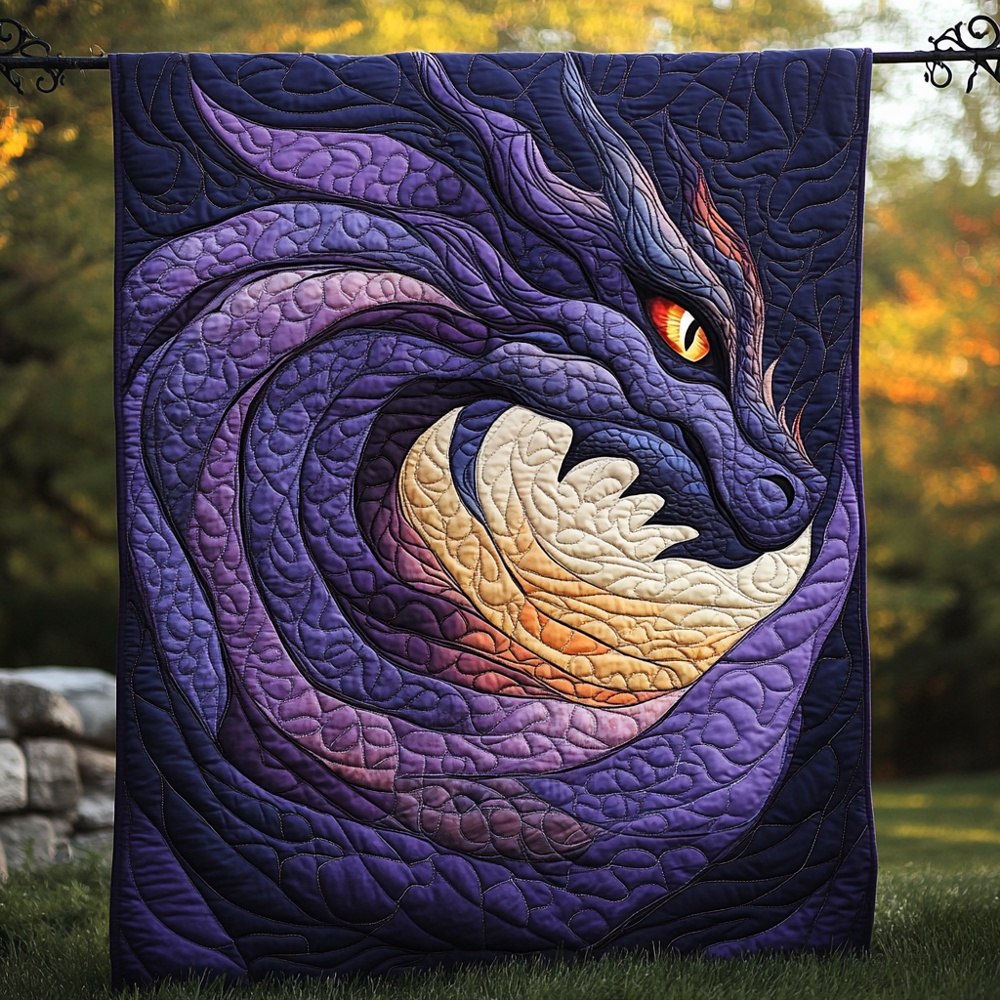 Mystic Dragon Flame Quilted Blanket Dark Fantasy Serpent Patchwork Art Throw Best Gift For Dragon Fans