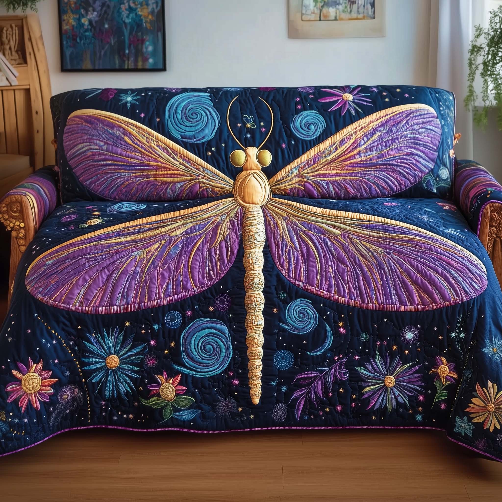 Mystic Dragonfly Quilted Sofa Cover Enchanted Insect Wing Pattern Dragonfly Gift Ideas