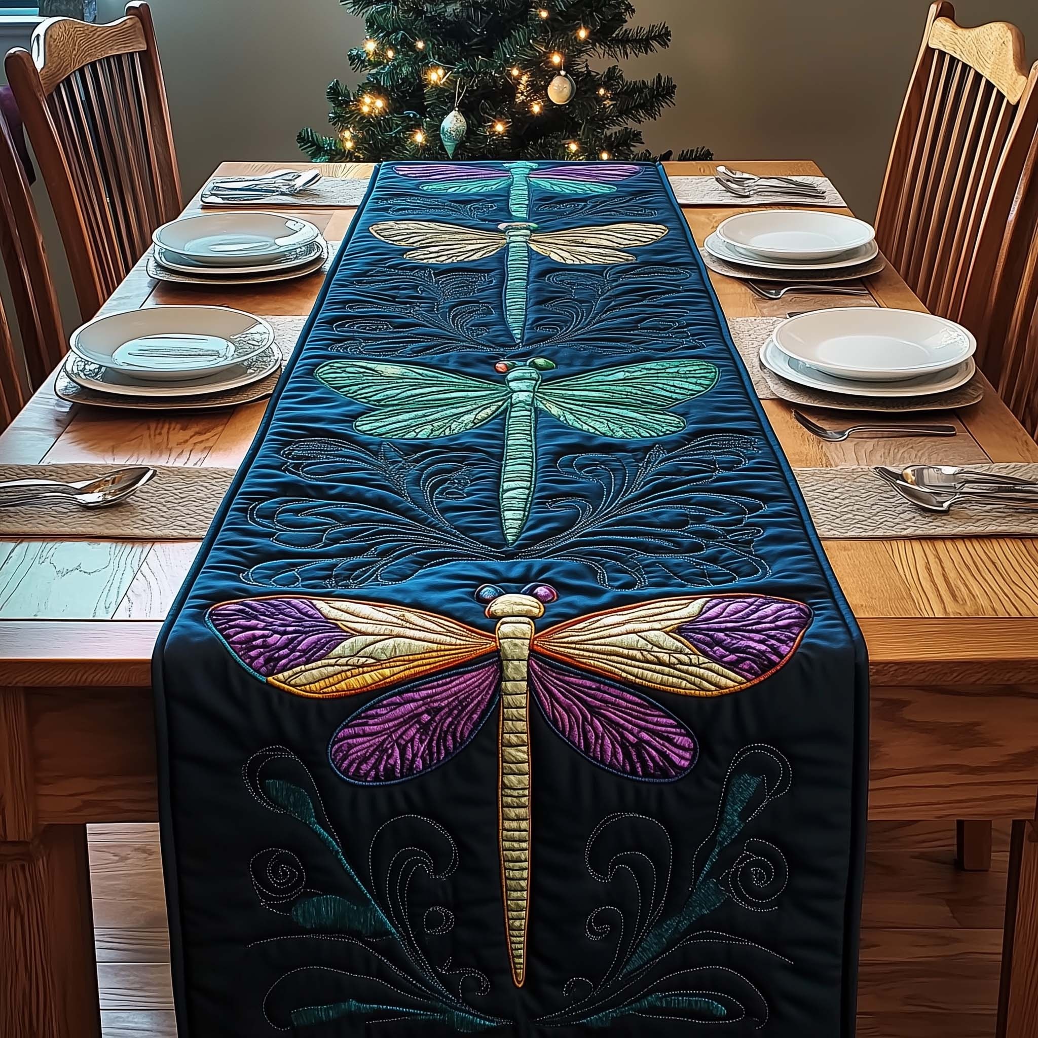 Mystic Dragonfly Quilted Table Runner Rustic Kitchen Dining Decor Gift For Cozy Family Home