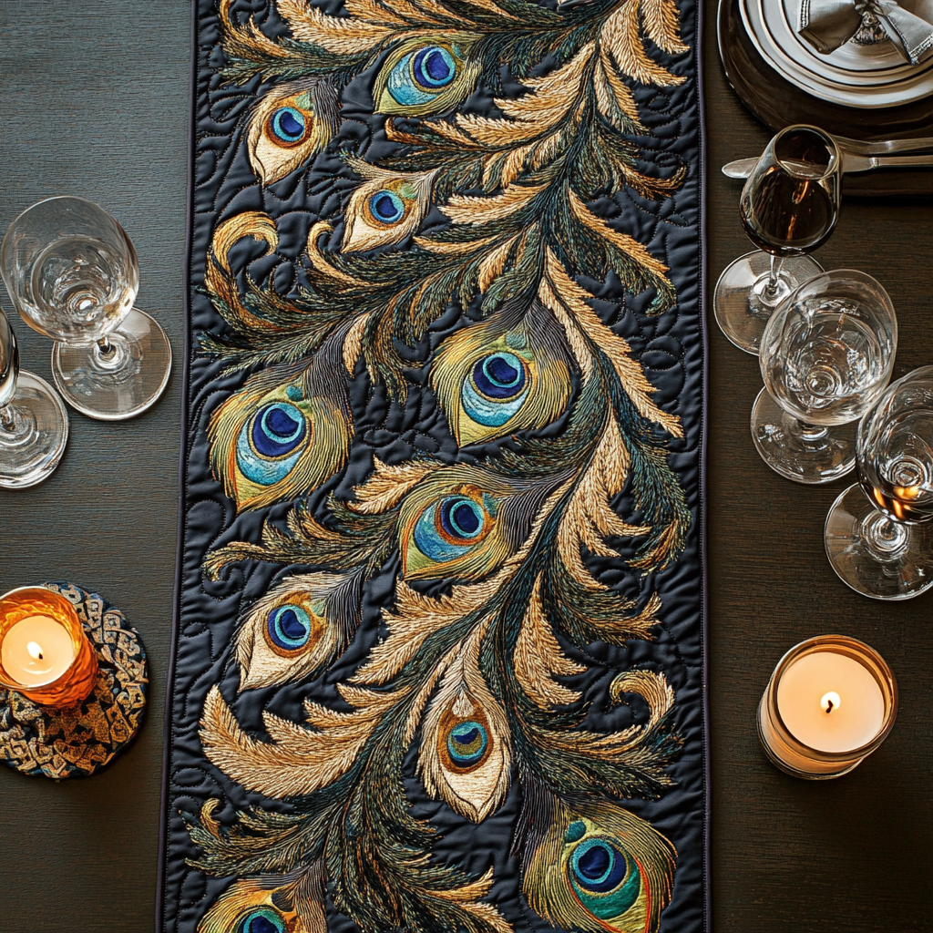 Mystic Feather Quilted Table Runner Dinner Table Decor Peacock Home Decorations