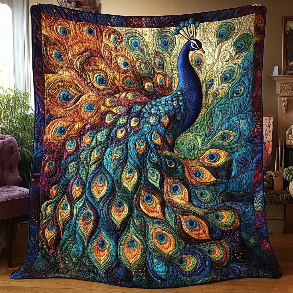 Mystic Feathers Quilted Blanket Christmas Throw Blanket Peacock Theme Gifts Items