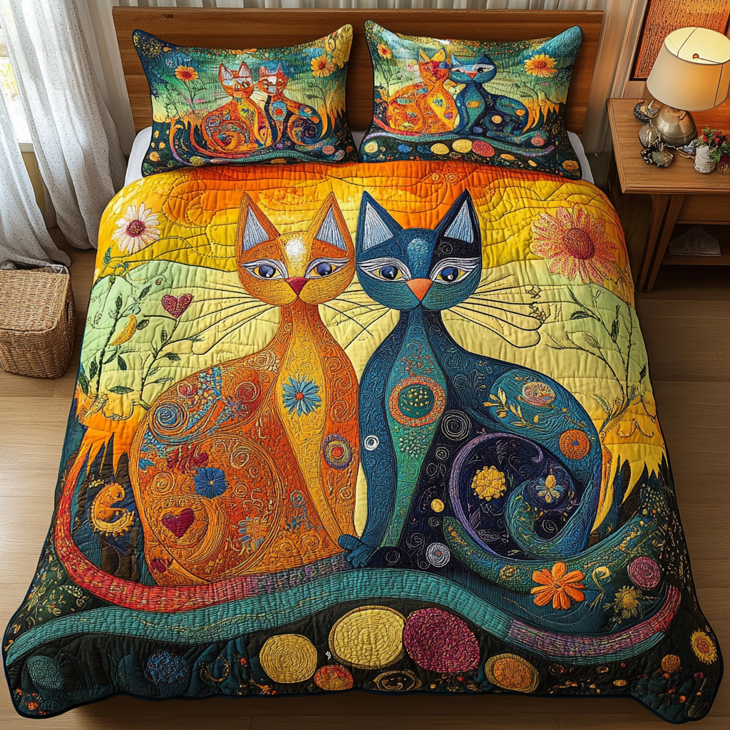 Mystic Feline Duo Quilted Bedding Set Beautiful Bedding Merch Gift for a Peaceful Sleep