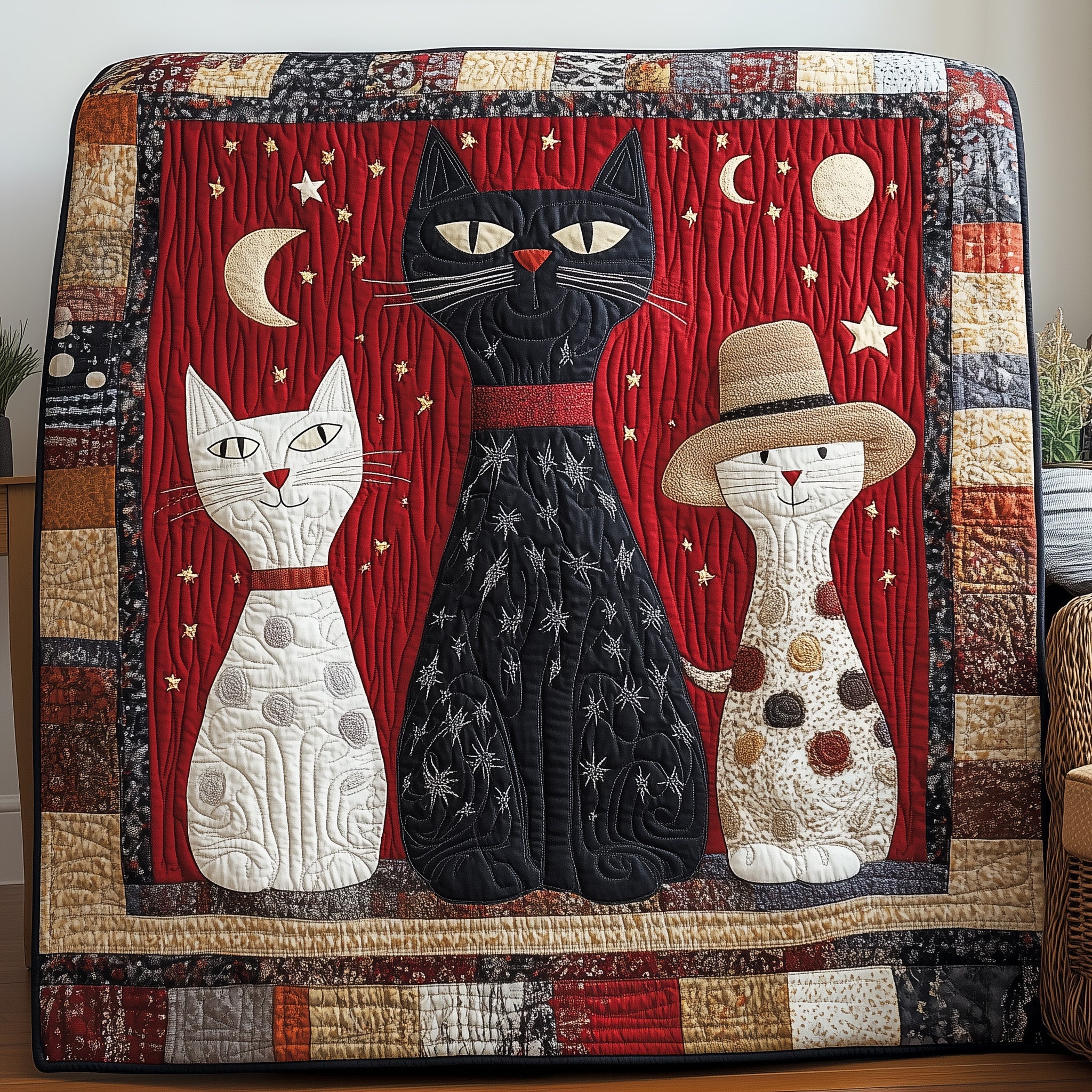 Mystic Feline Trio Quilted Blanket Cute Bed BlanketCat Person Presents Christmas 2025