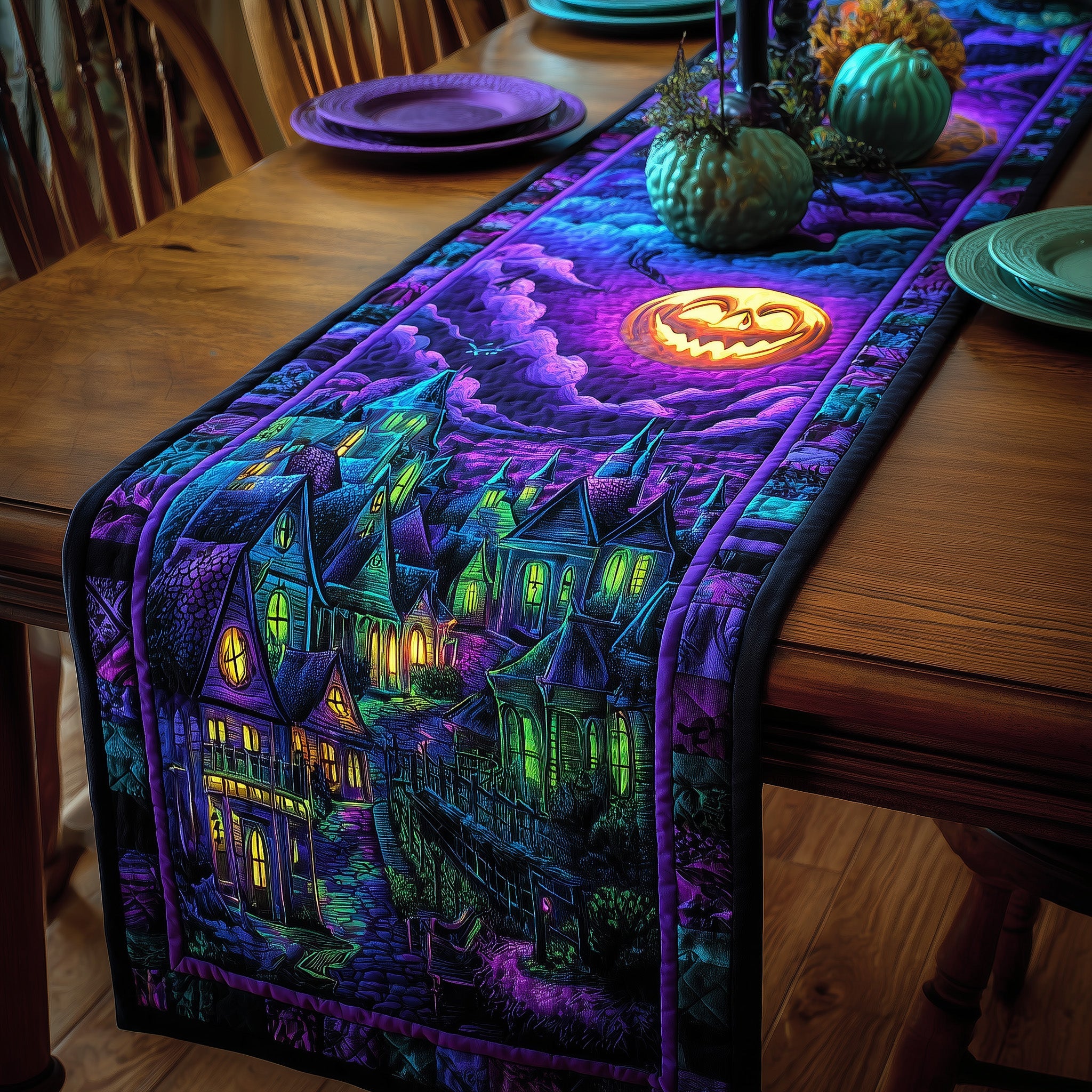 Mystic Halloween Night Quilted Table Runner Holiday Banquet Table Runner