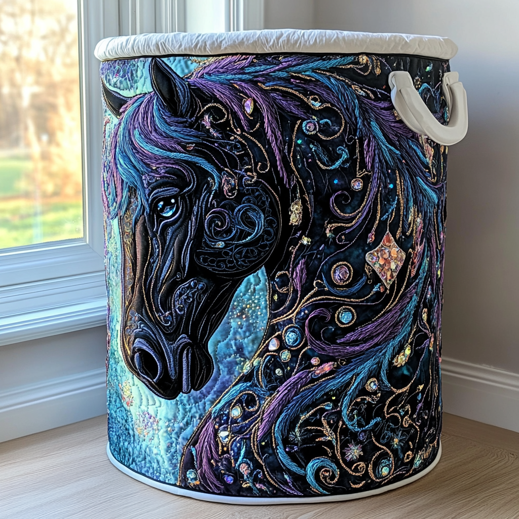 Mystic Horse Quilted Laundry Basket Home Essential Gift Quilted Laundry Basket with Style