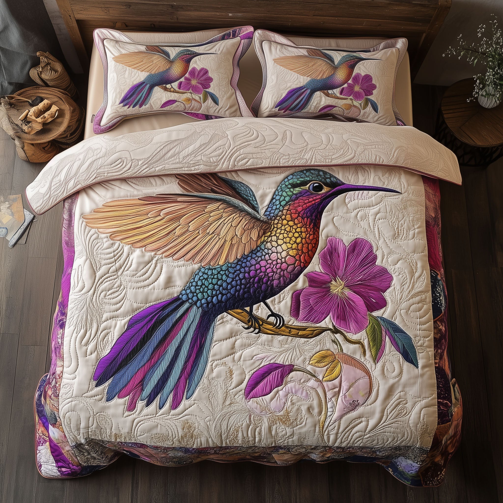 Mystic Hummingbird Quilted Bedding Set Luxury Comforter Gift Set for Him or Her
