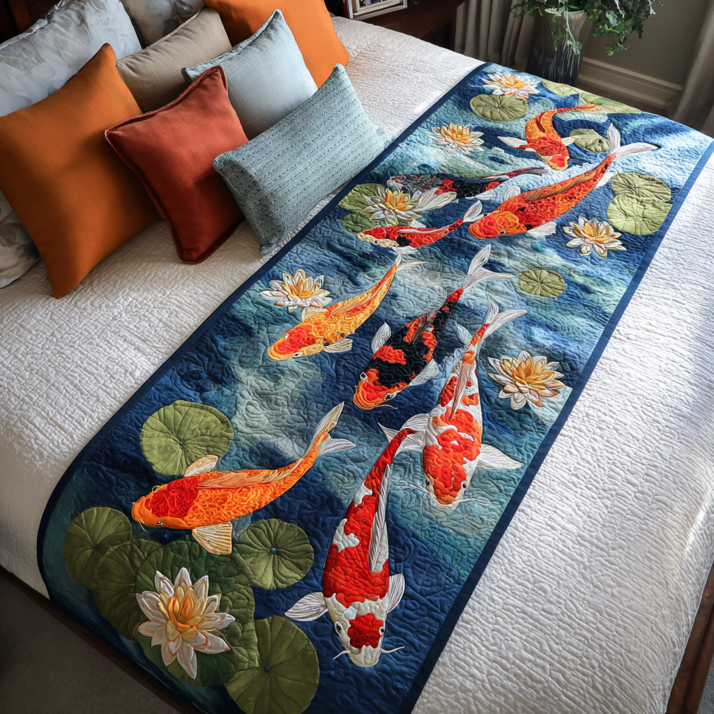 Mystic Koi Quilted Bed Runner Bedroom Decorations Gifts For Koi Lovers