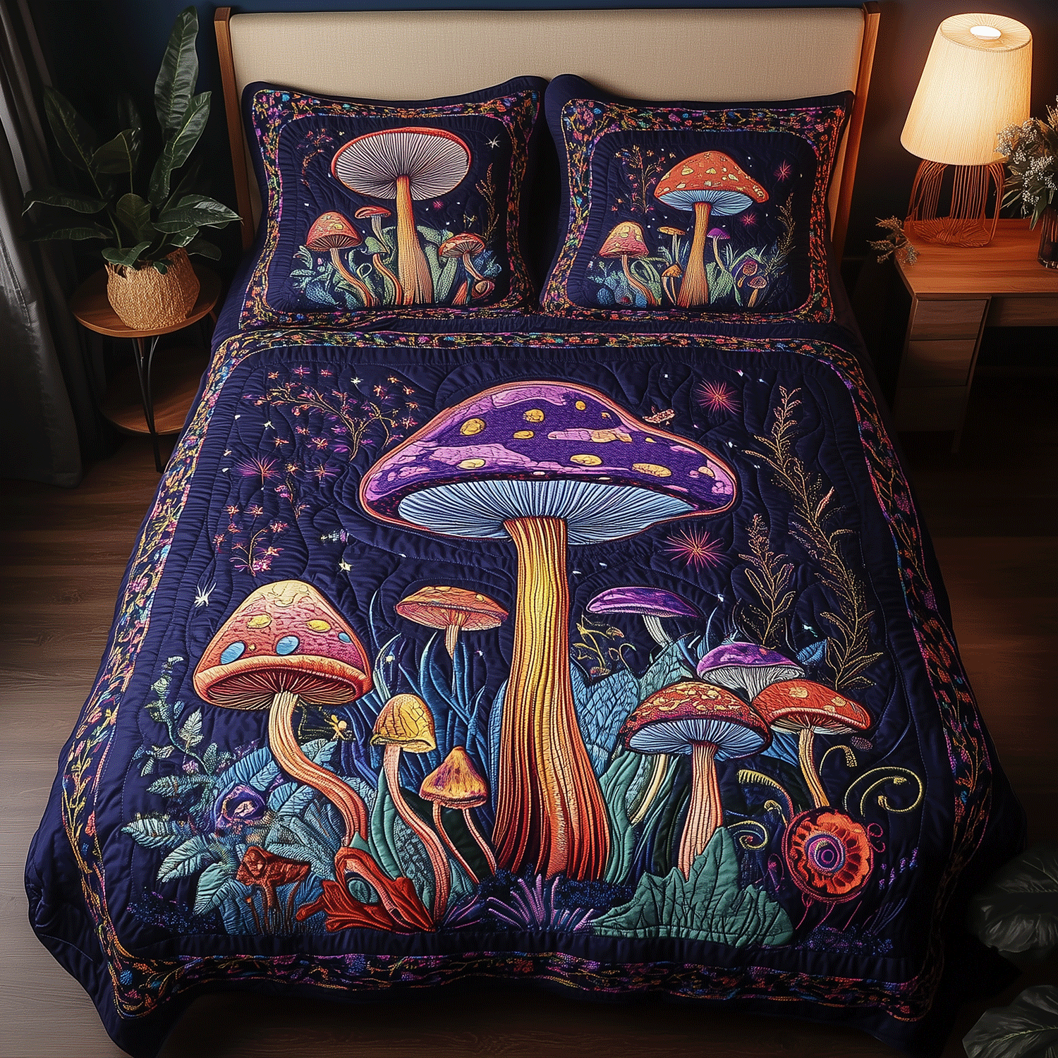 Mystic Mushroom Garden Quilted Bedding Set Modern Bedding Set to Upgrade Your Bedroom